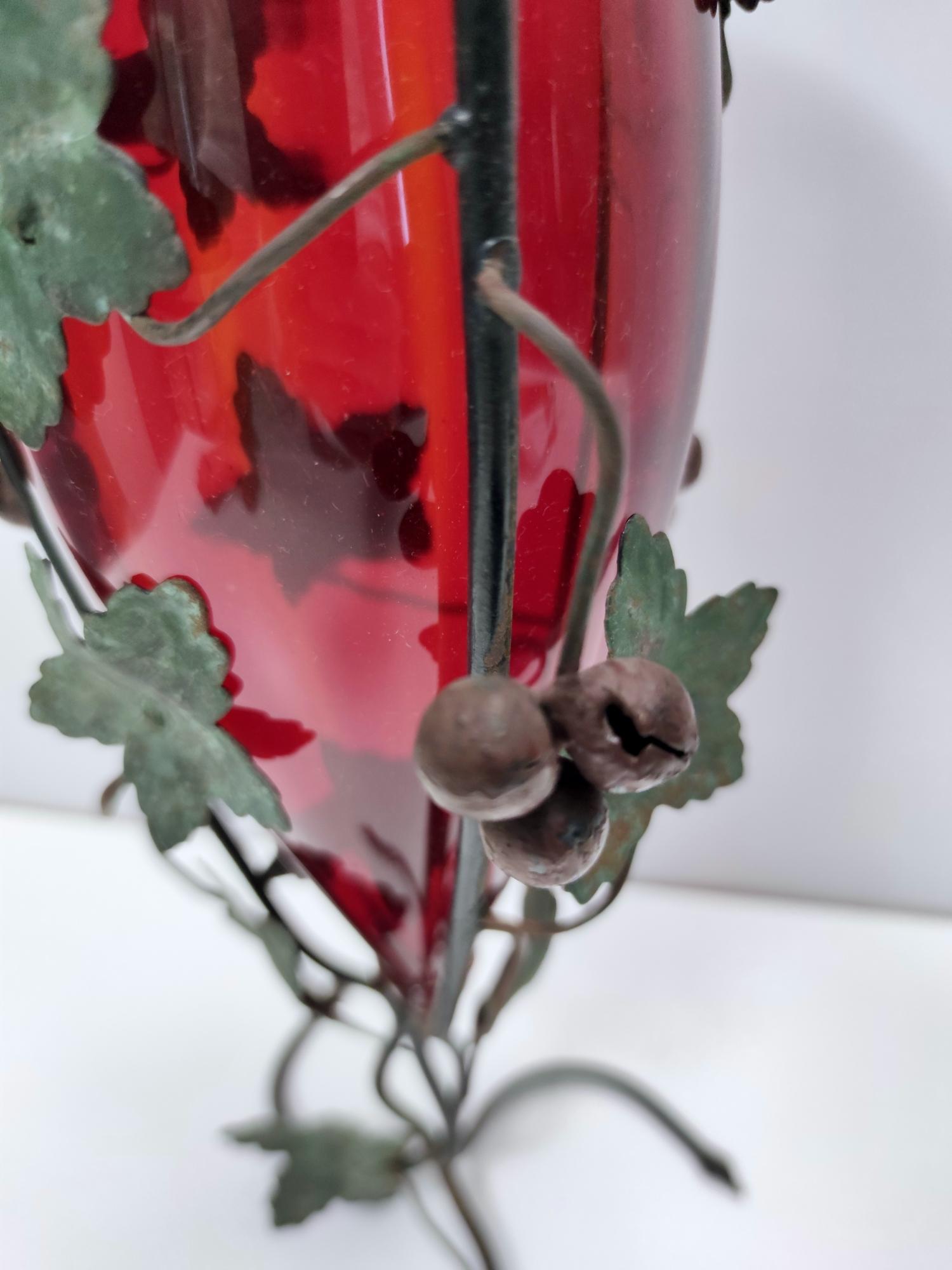 Mid-20th Century Ruby Red Murano Glass Vase with Iron Grape Vines Ascribable to Umberto Bellotto For Sale
