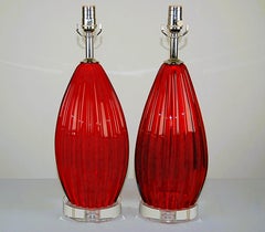 Ruby Red Murano Lamps on Lucite