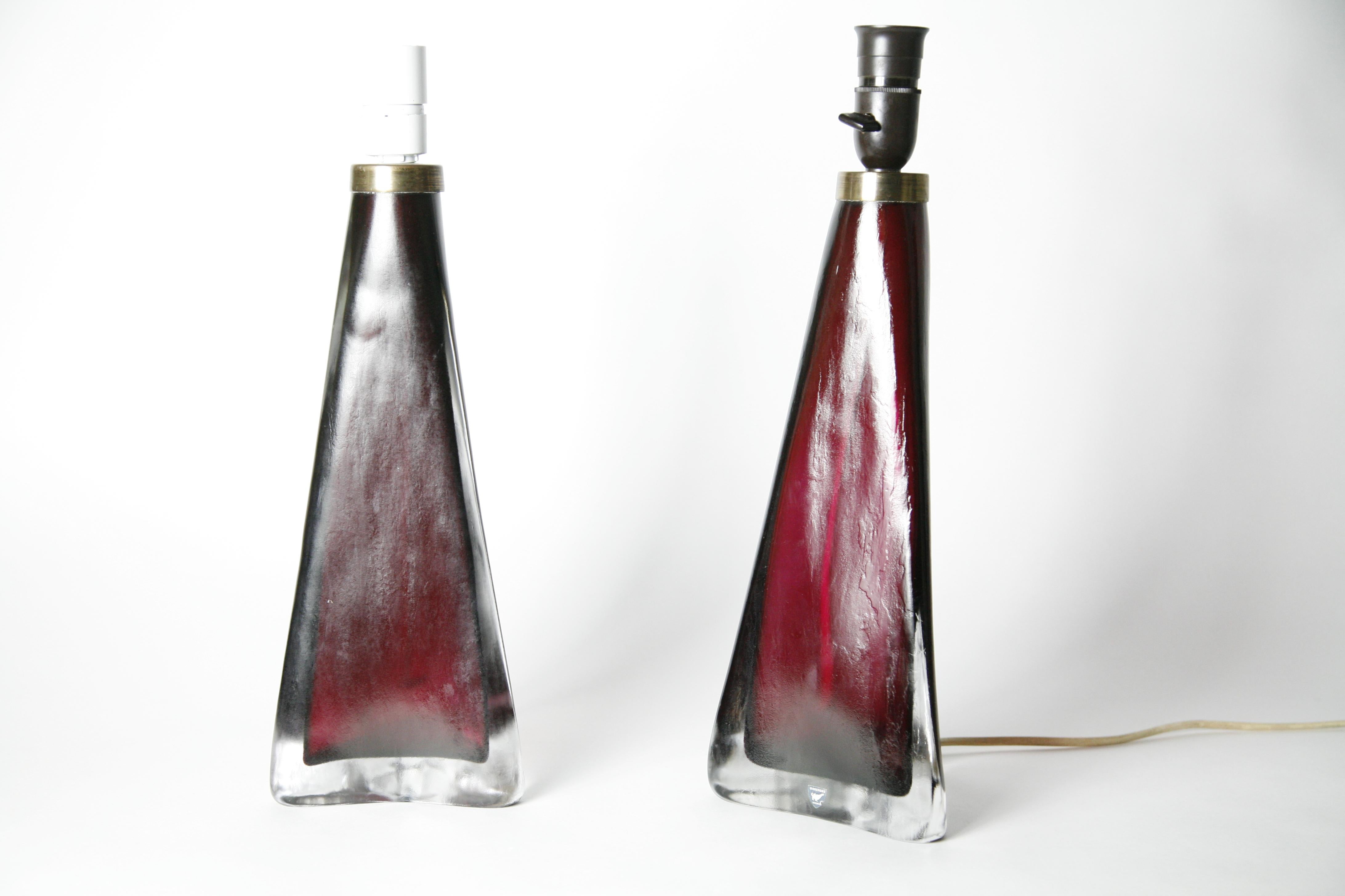 Brushed Ruby Red frosted Orrefors Lamps, Carl fagerlund , Sweden, 1950