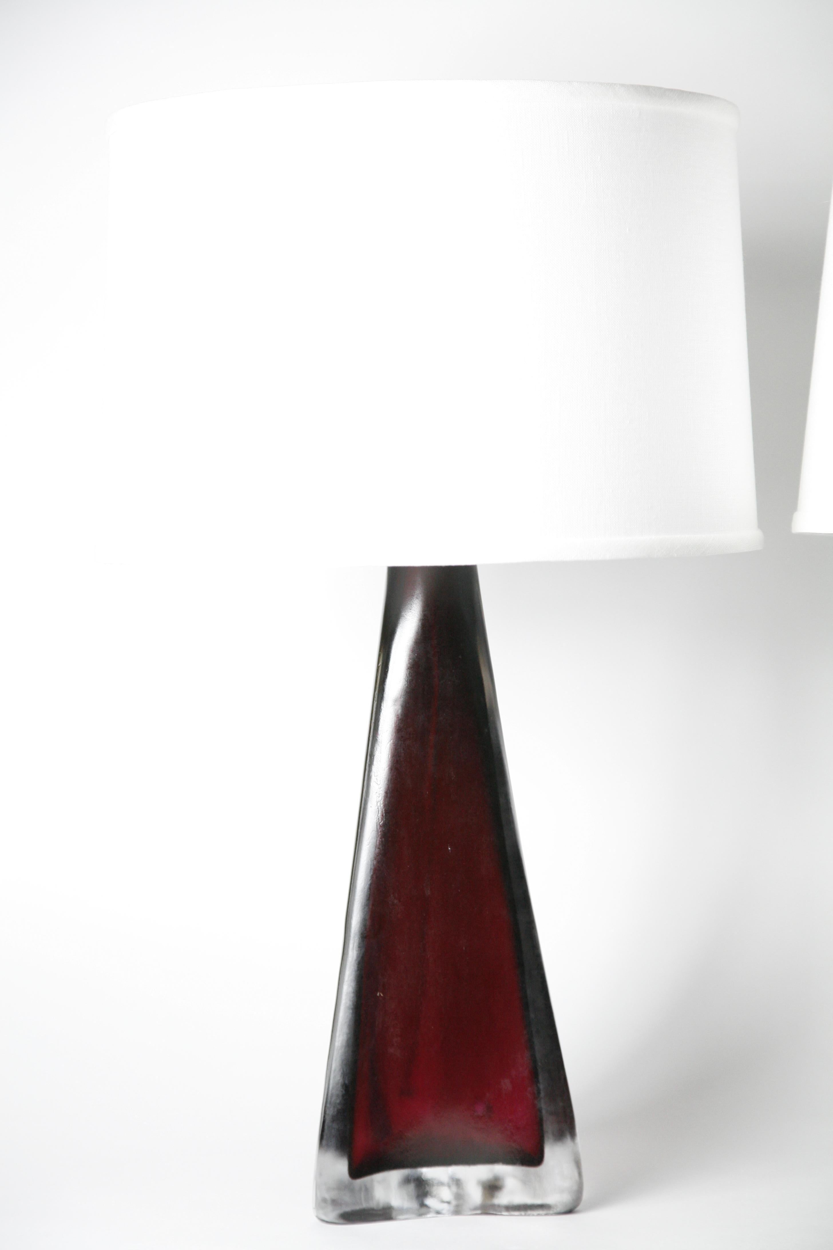 Brass Ruby Red frosted Orrefors Lamps, Carl fagerlund , Sweden, 1950