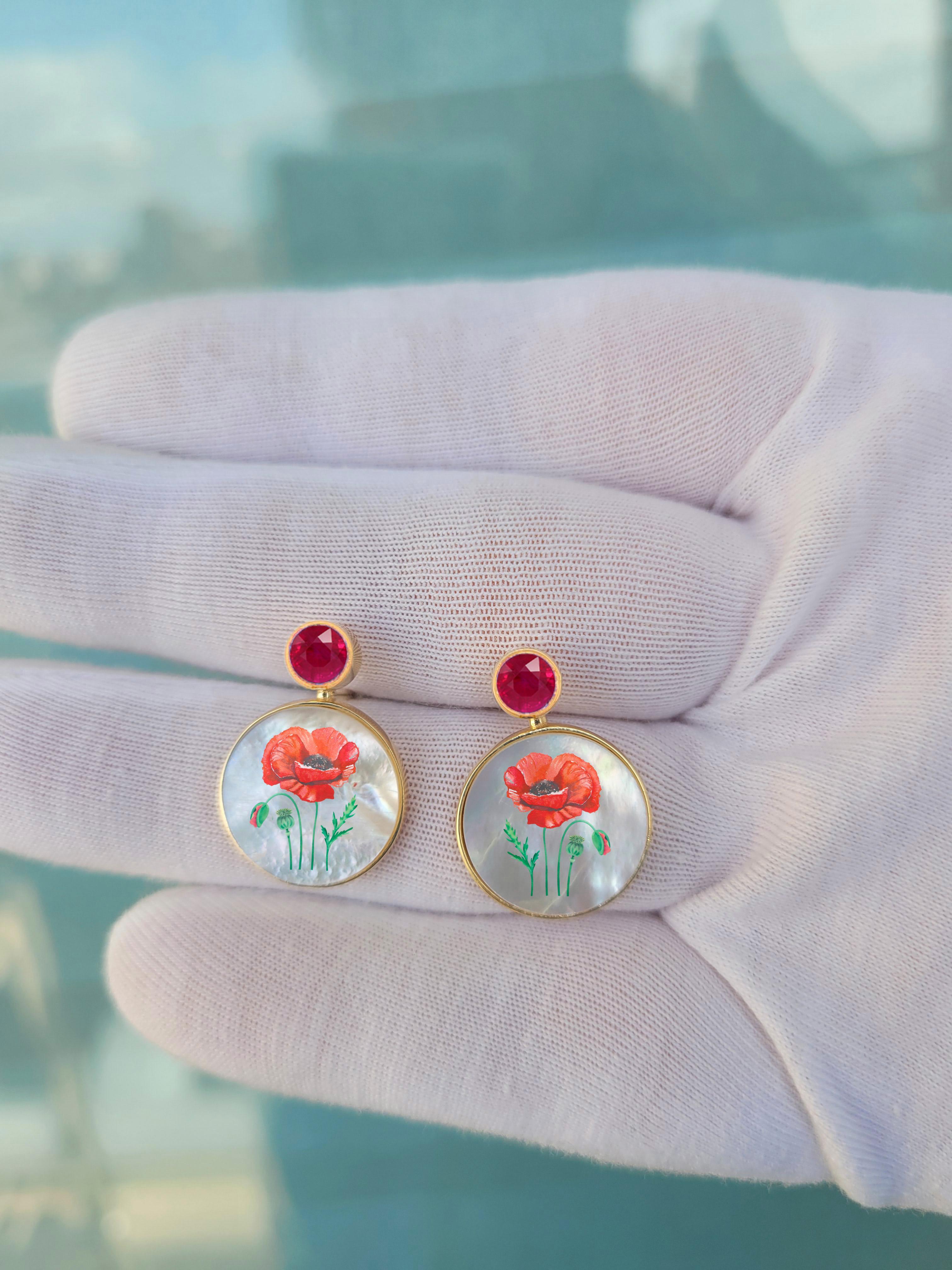 Mother Of Pearl Shell Stud Earrings with round rubies and red poppy flower drawing. Handmade Paint Flower Shell Earrings with ruby. Beach Wedding bridal stud earrings Mother of pearl beach earrings. Shell paint earrings. Wearable art earrings studs.