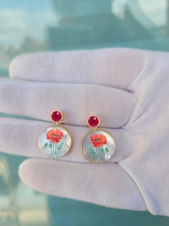 Ruby, red poppy flower painting, Mother of pearl earrings studs.