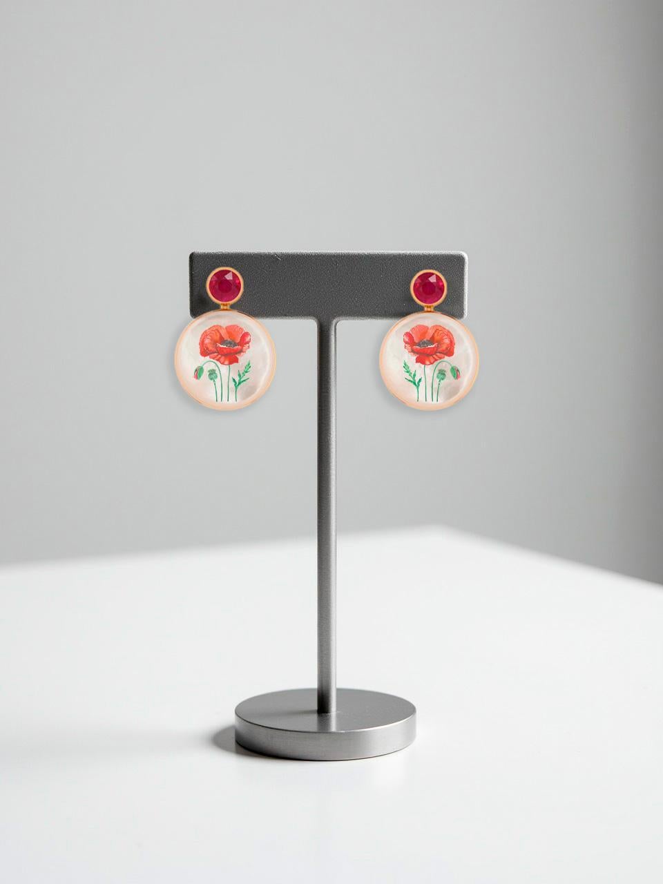 Round Cut Ruby, red poppy flower painting, Mother of pearl earrings studs. For Sale