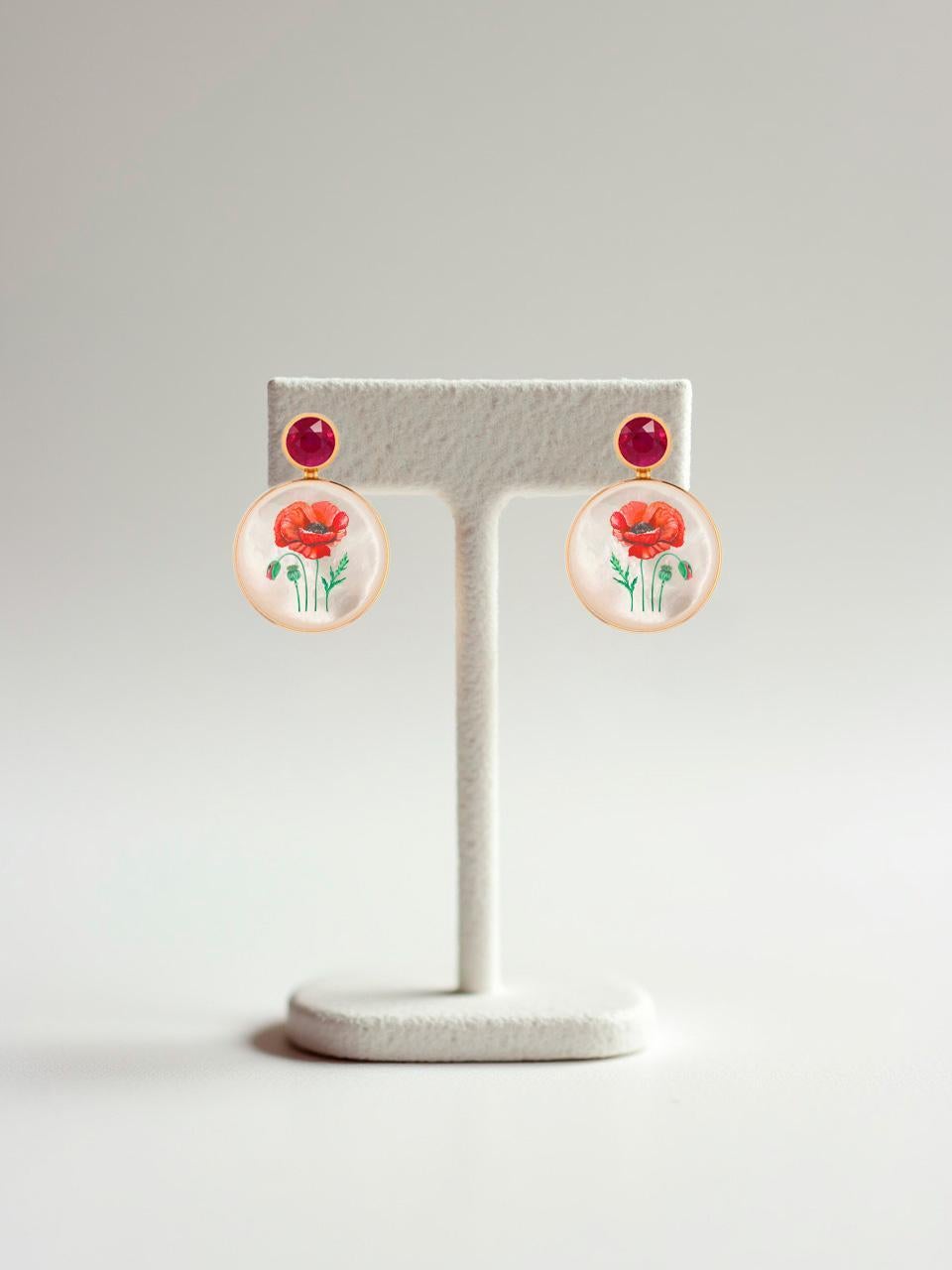 Ruby, red poppy flower painting, Mother of pearl earrings studs. In New Condition For Sale In Istanbul, TR