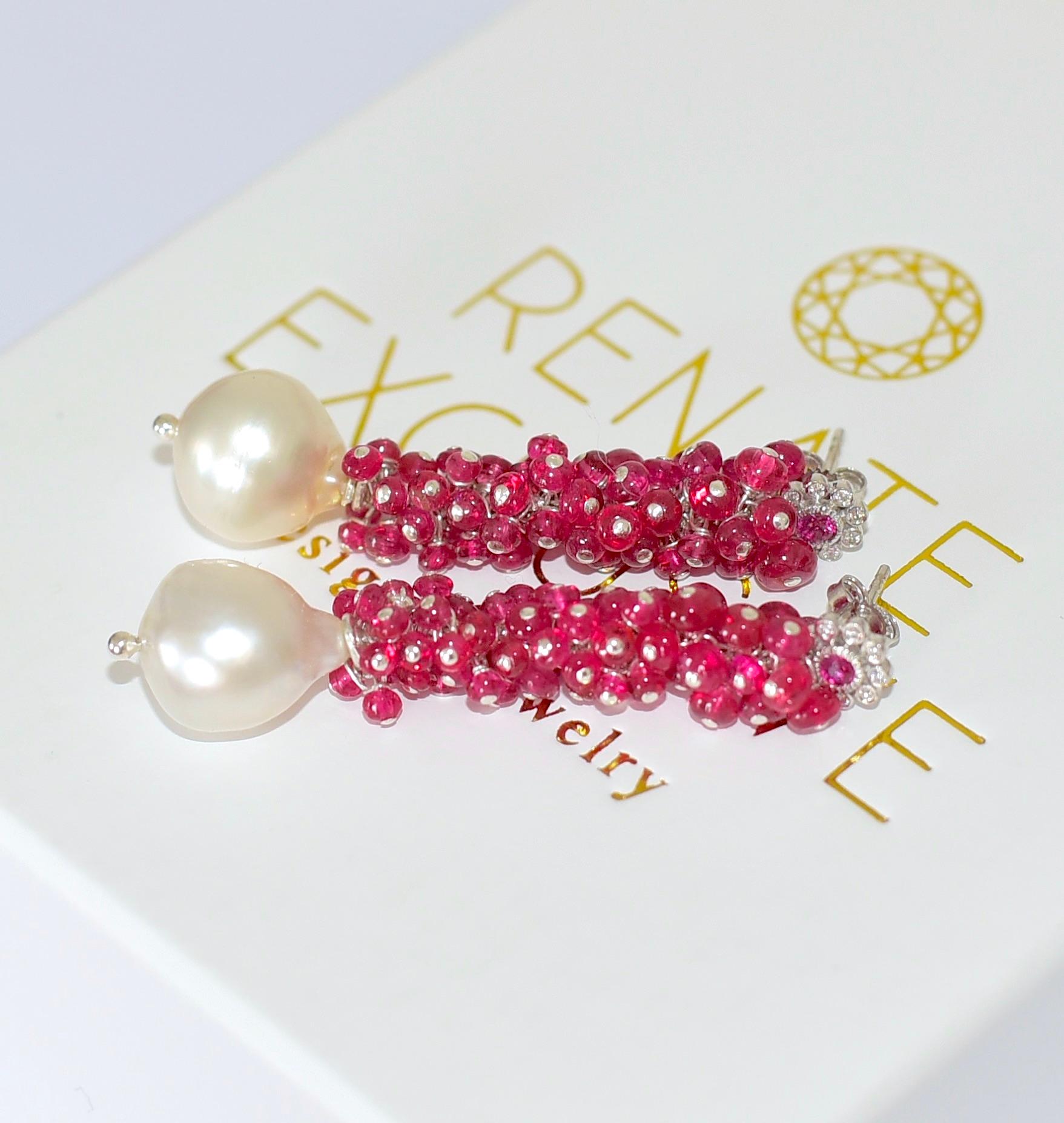 Bead  Ruby Red Burmese Spinel, South Sea Pearl Earrings in 14K Solid White Gold