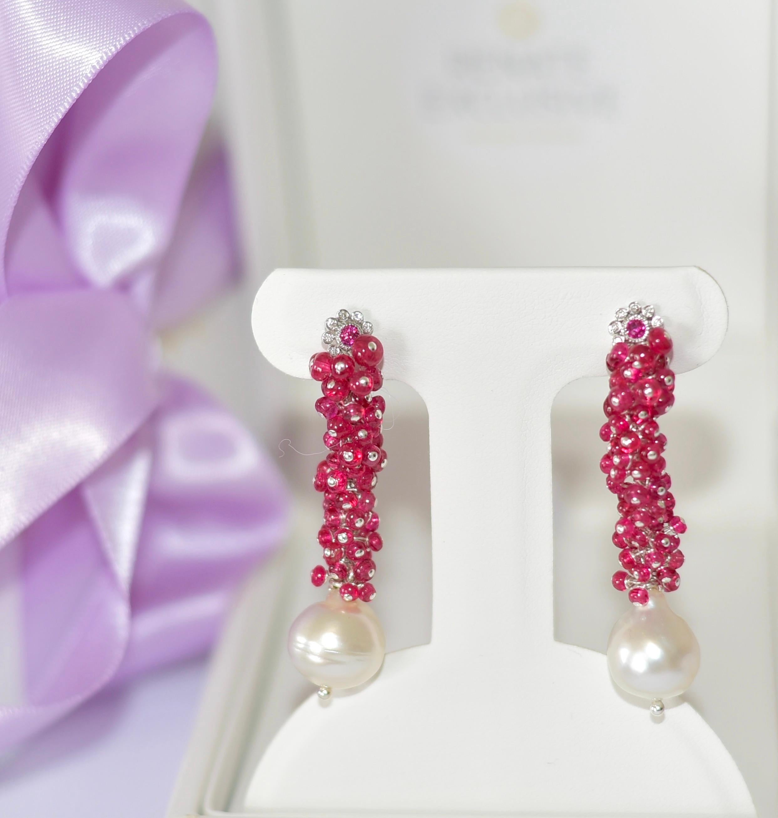  Ruby Red Burmese Spinel, South Sea Pearl Earrings in 14K Solid White Gold In New Condition In Astoria, NY