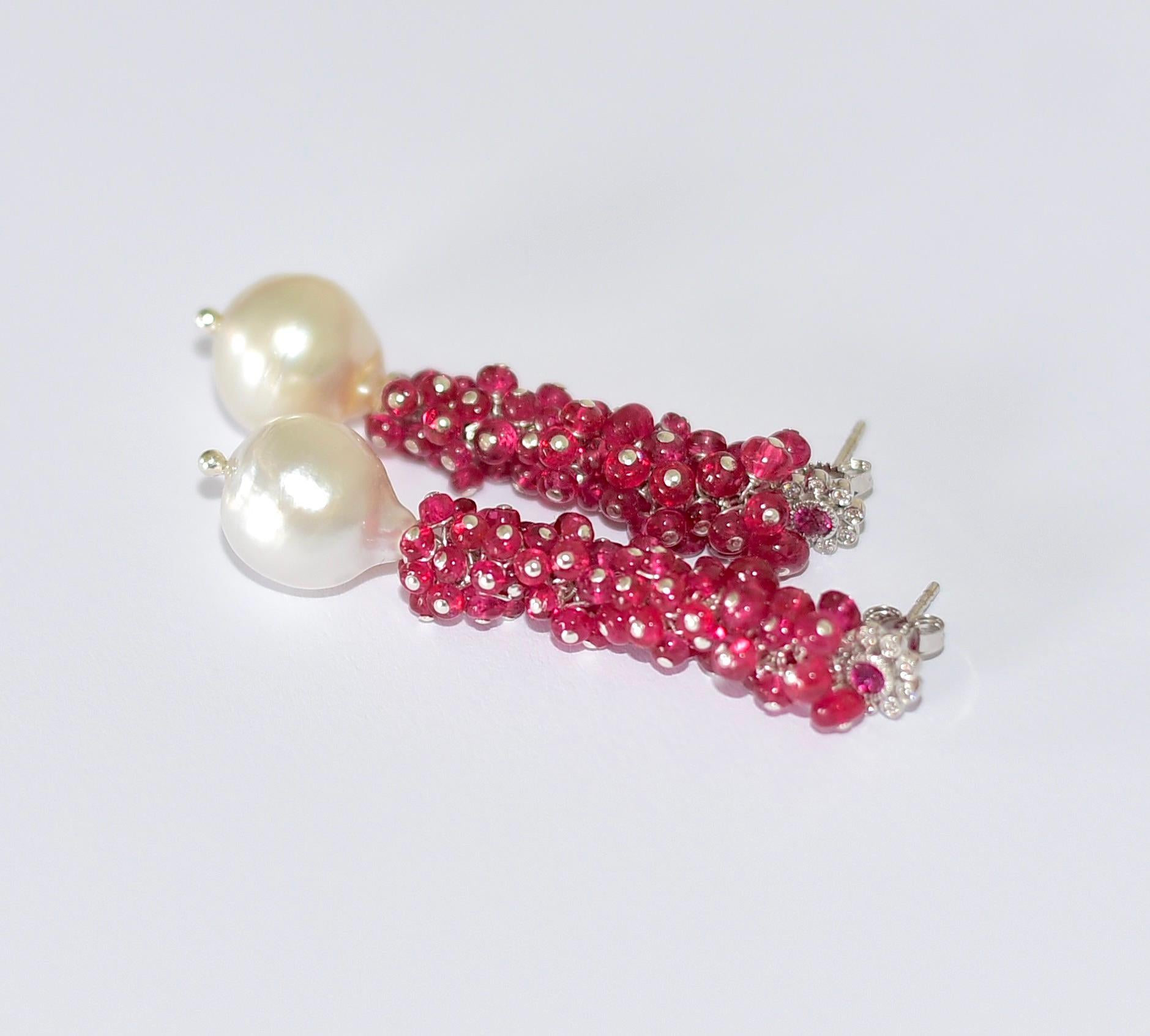 Women's  Ruby Red Burmese Spinel, South Sea Pearl Earrings in 14K Solid White Gold