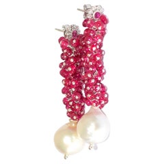 Ruby Red Burmese Spinel, South Sea Pearl Earrings in 14K Solid White Gold