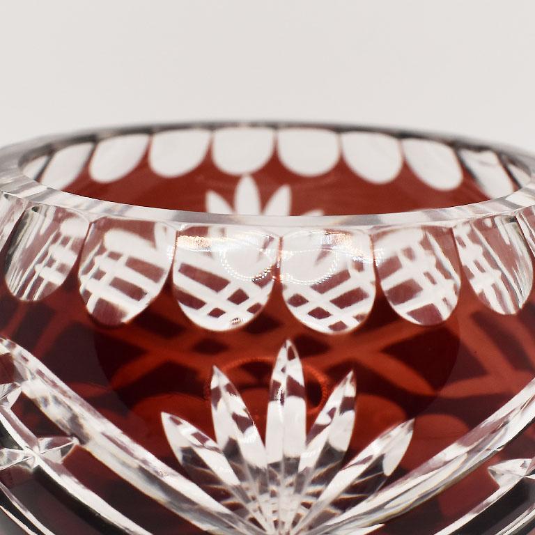 Art Deco Ruby Red Round Cut to Clear Crystal Candle Holder in the Style of Baccarat