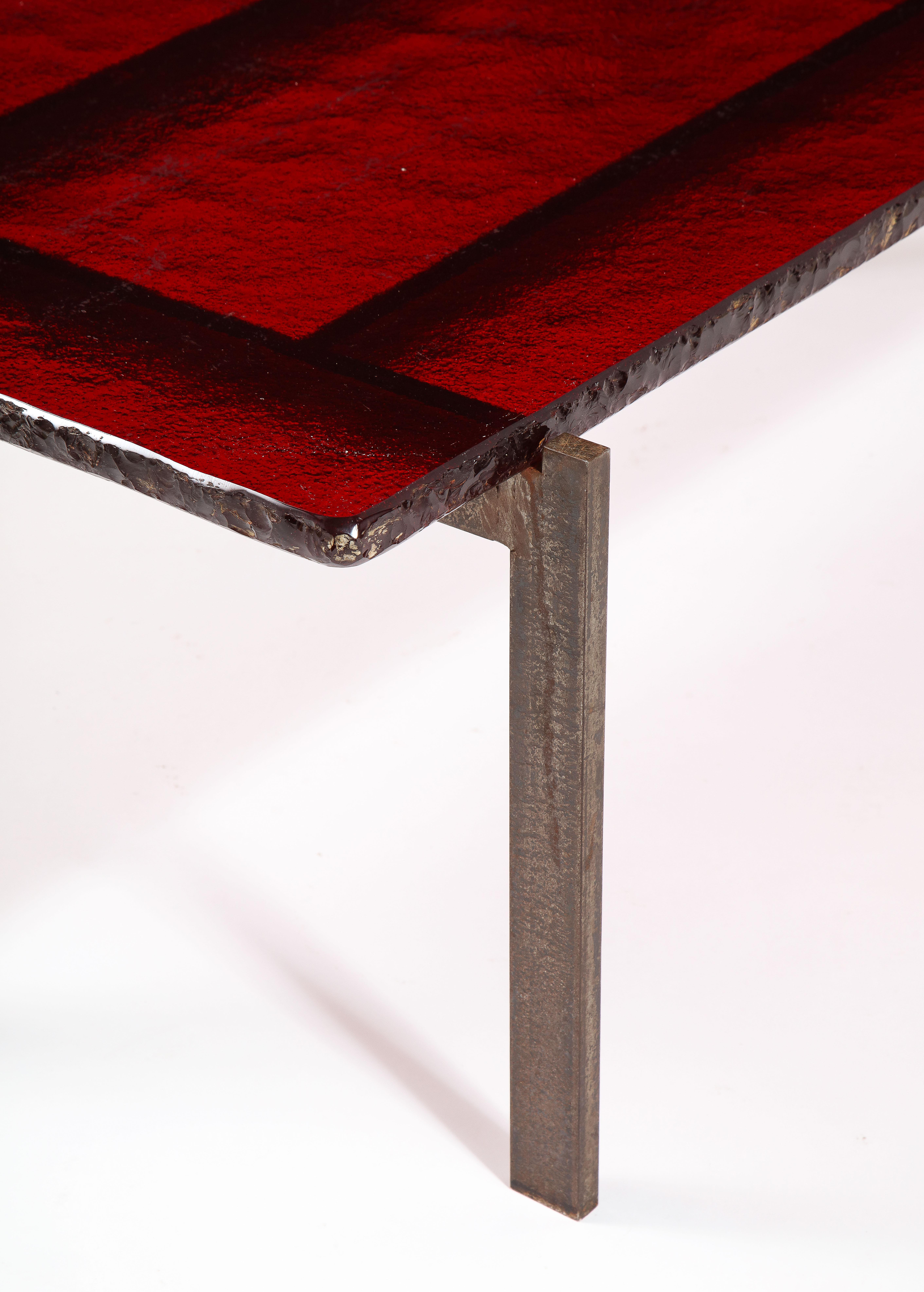 20th Century Ruby Red Saint Gobain Glass & Steel Modernist Coffee Table, France 1960's