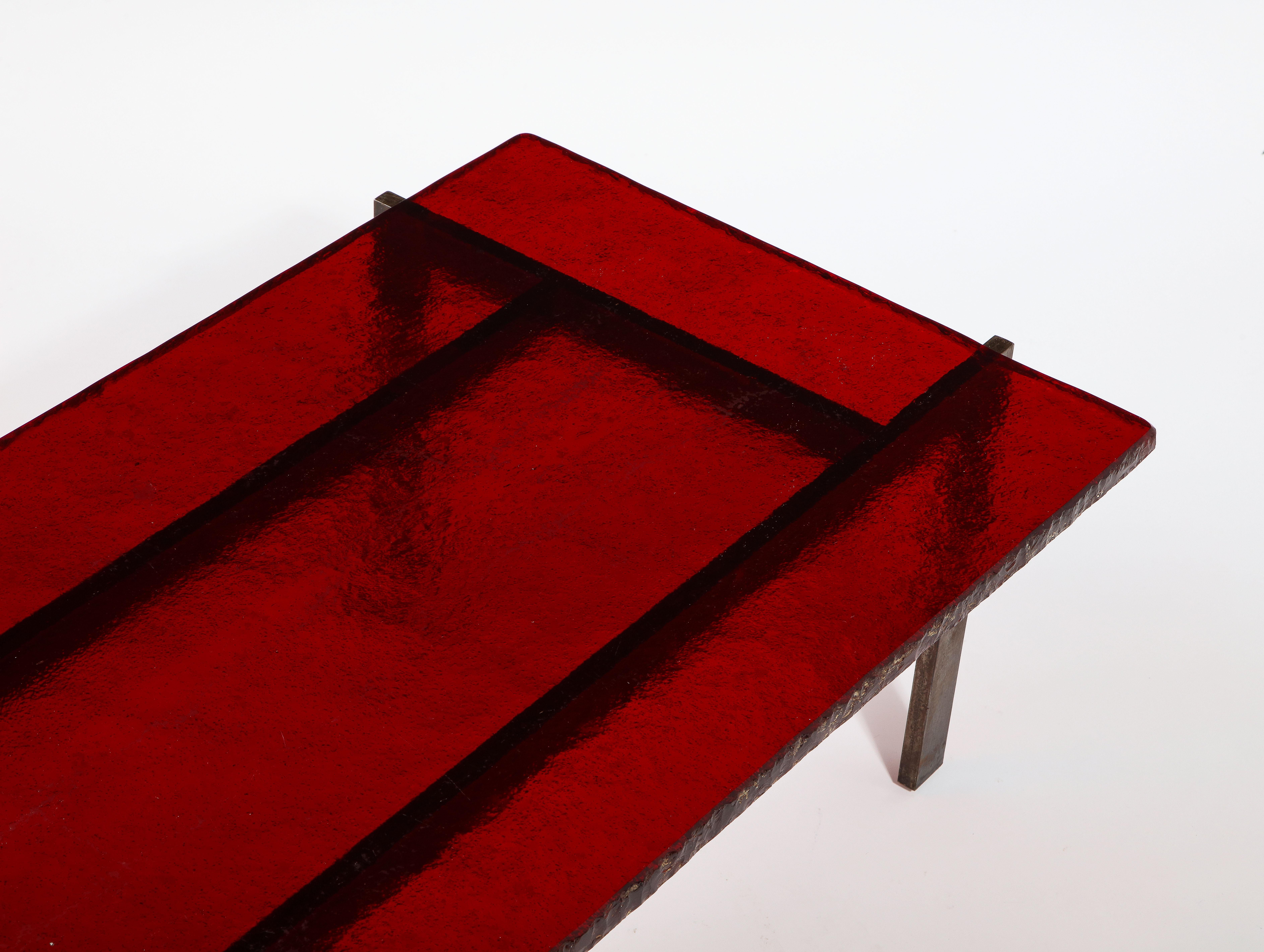 Ruby Red Saint Gobain Glass & Steel Modernist Coffee Table, France 1960's For Sale 2