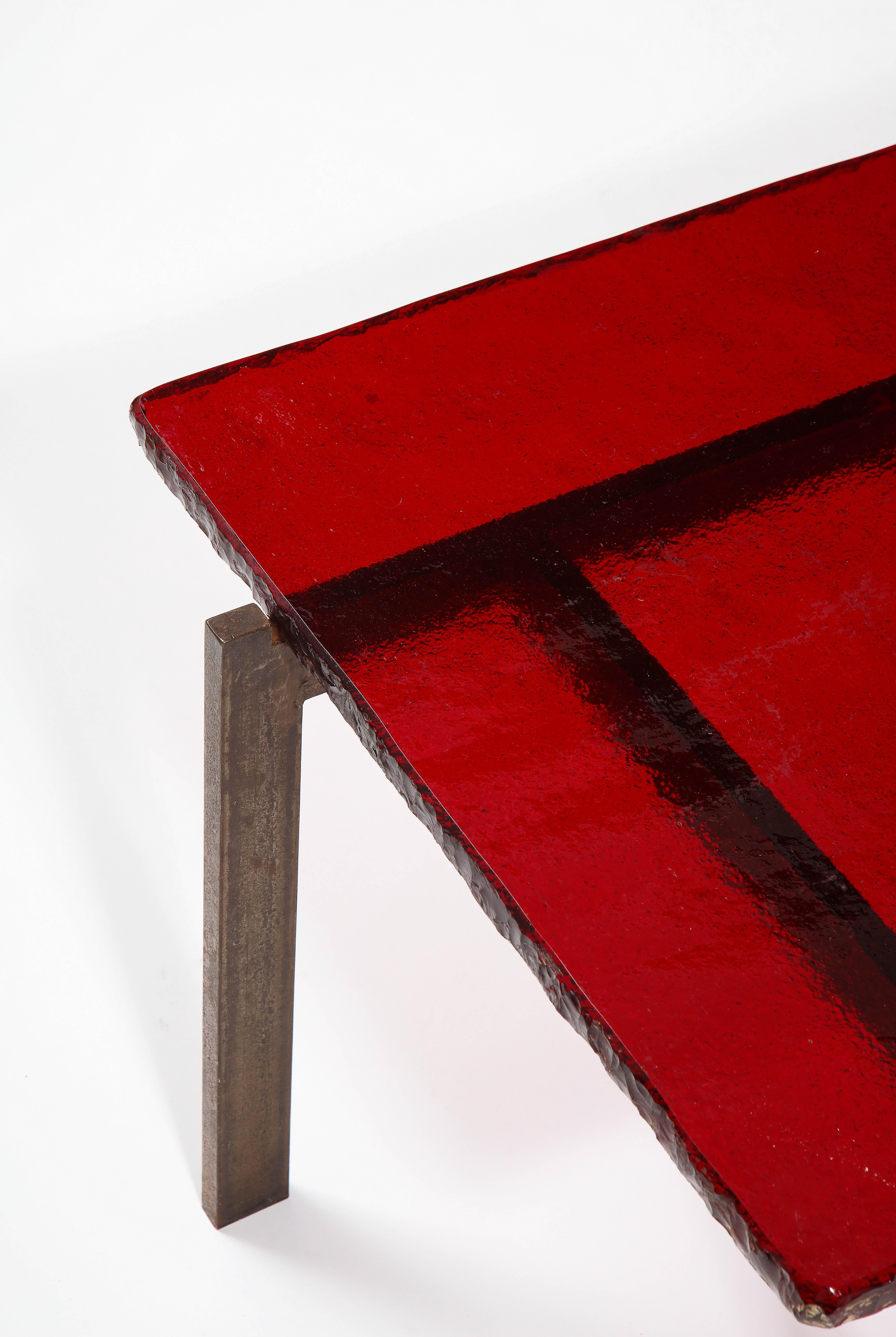 Ruby Red Saint Gobain Glass & Steel Modernist Coffee Table, France 1960's 2