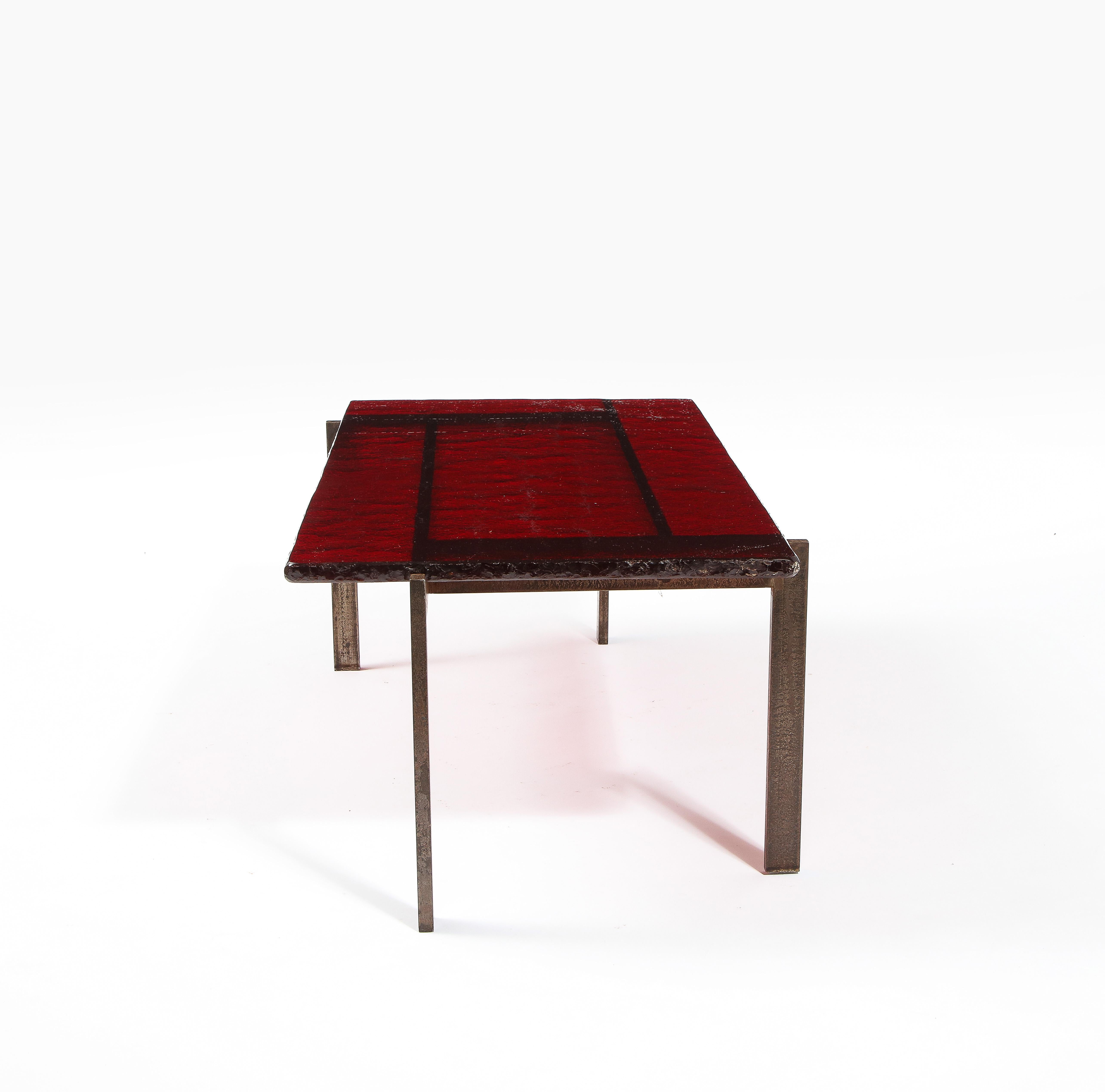 Ruby Red Saint Gobain Glass & Steel Modernist Coffee Table, France 1960's For Sale 5