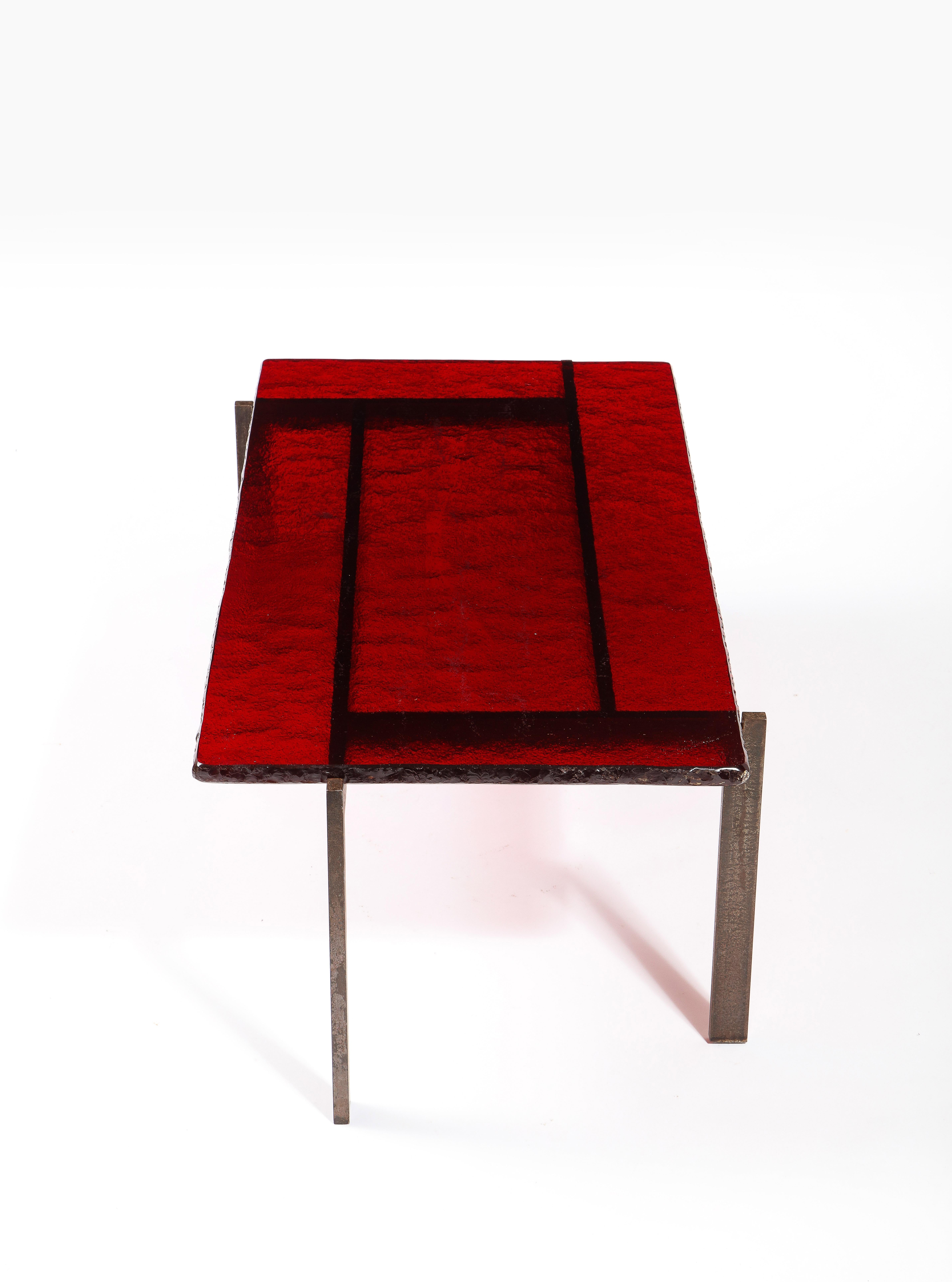 Ruby Red Saint Gobain Glass & Steel Modernist Coffee Table, France 1960's For Sale 5