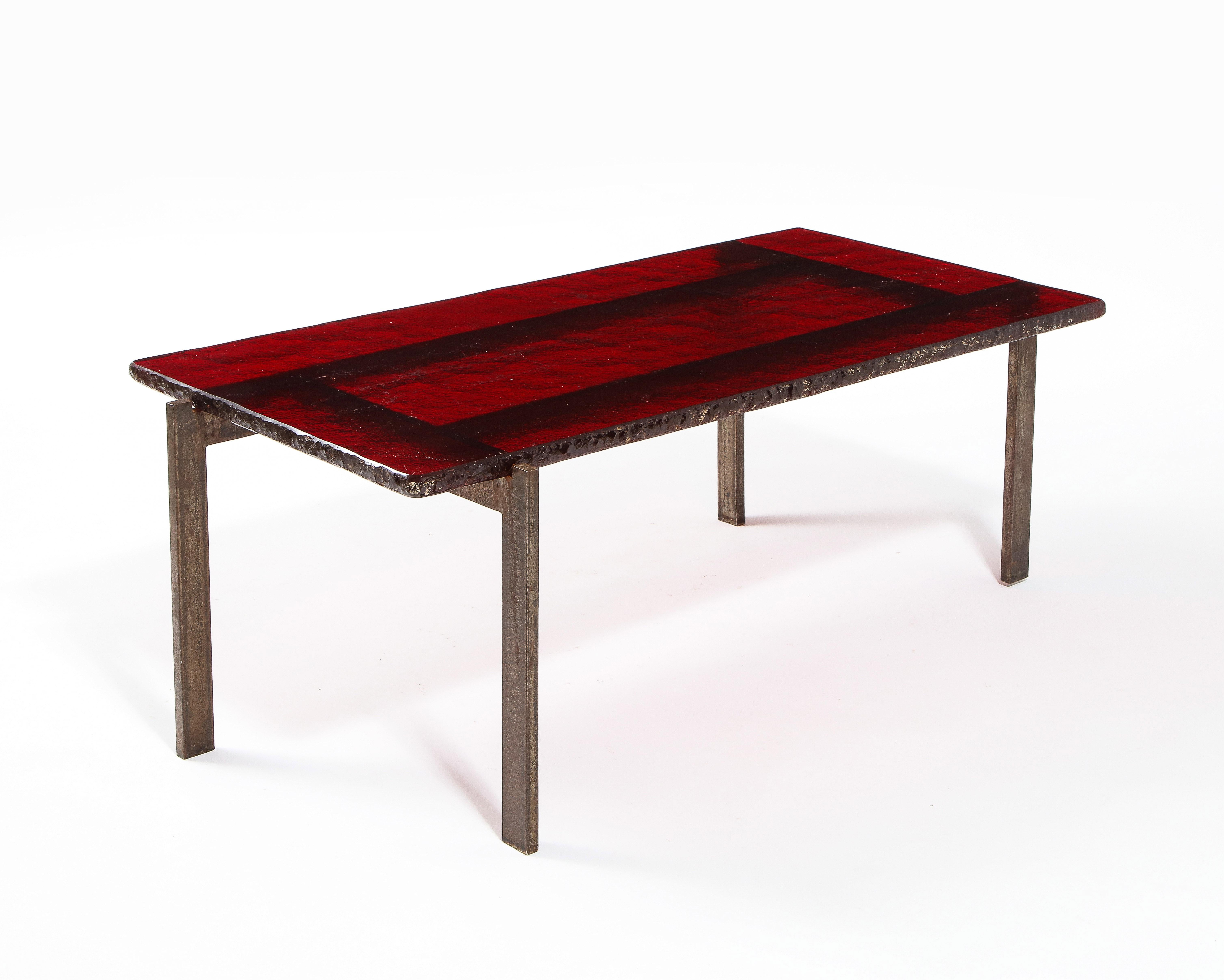 French Ruby Red Saint Gobain Glass & Steel Modernist Coffee Table, France 1960's For Sale