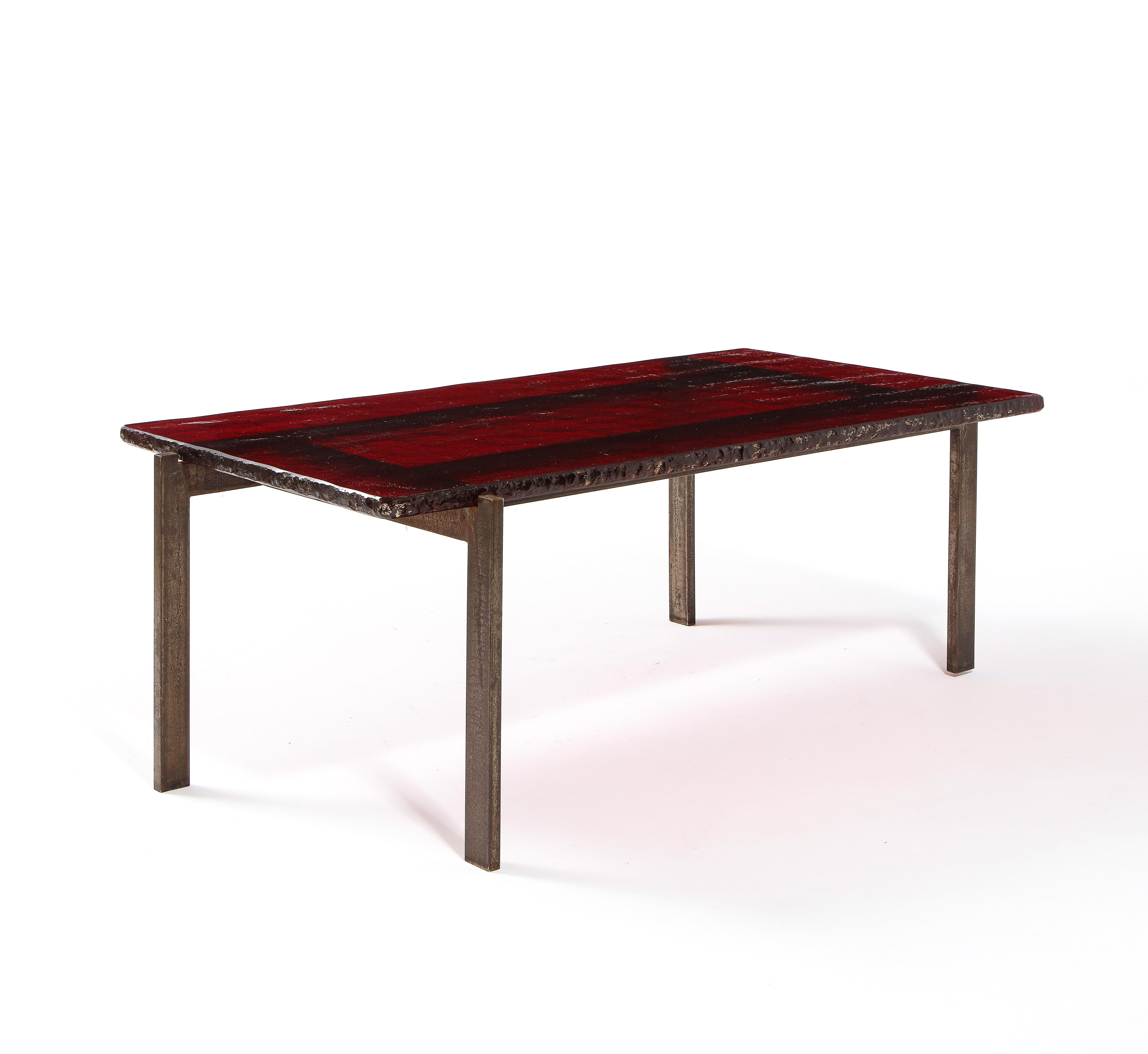 Hammered Ruby Red Saint Gobain Glass & Steel Modernist Coffee Table, France 1960's For Sale