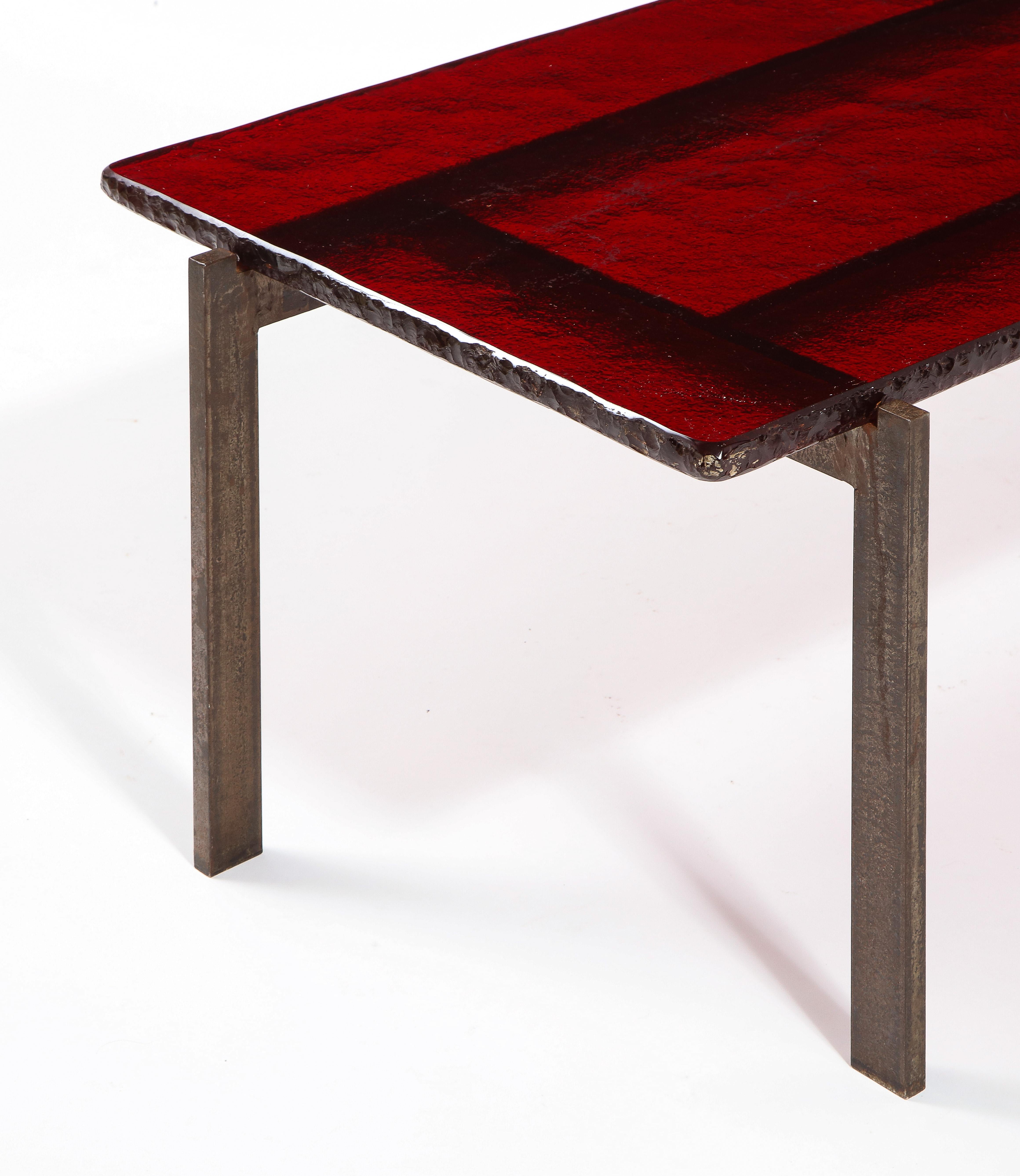 Hammered Ruby Red Saint Gobain Glass & Steel Modernist Coffee Table, France 1960's For Sale