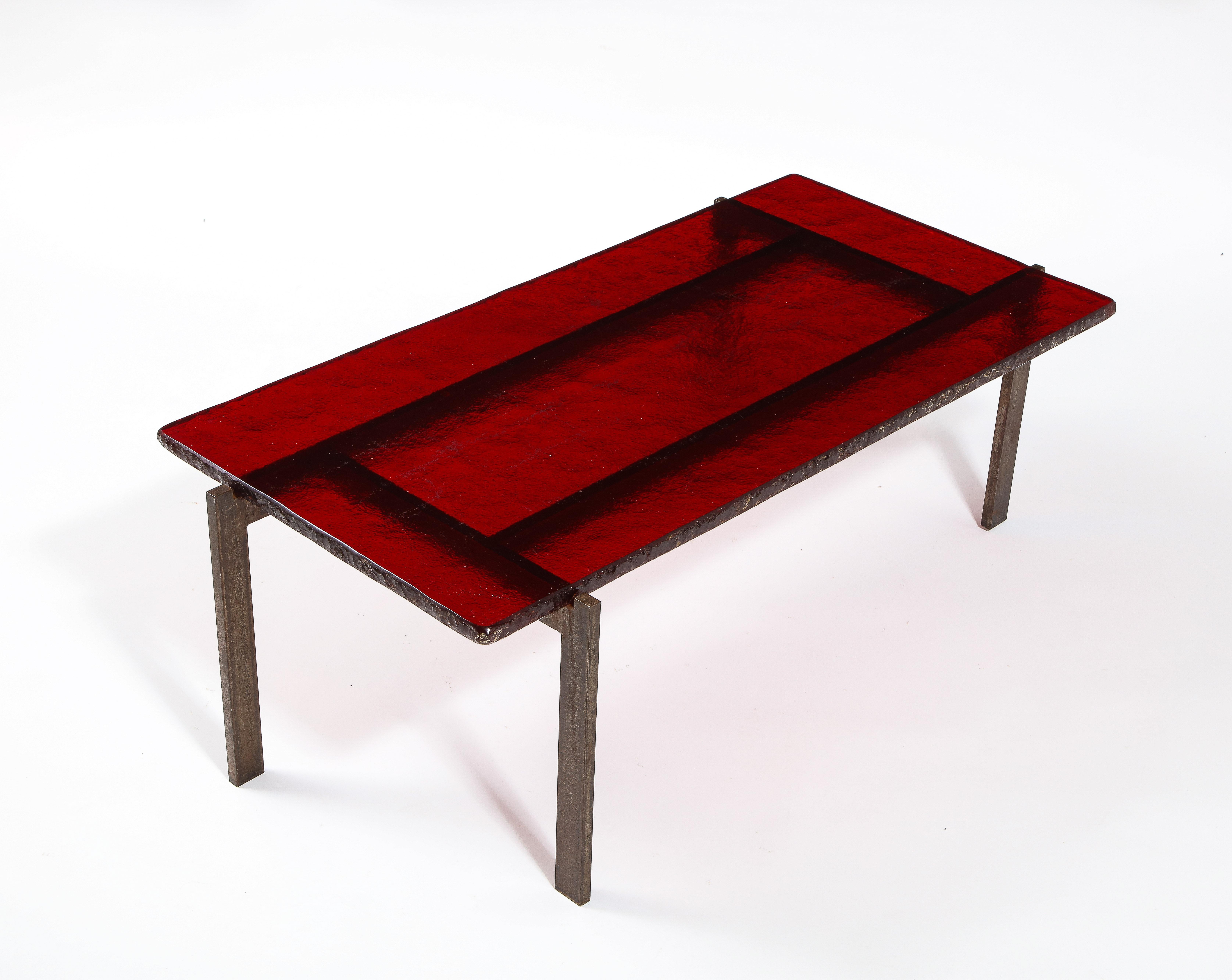 20th Century Ruby Red Saint Gobain Glass & Steel Modernist Coffee Table, France 1960's For Sale