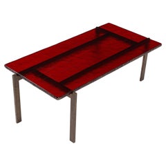 Ruby Red Saint Gobain Glass & Steel Modernist Coffee Table, France 1960's