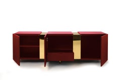 Ruby Red Sideboard in Brass and Colorful Lacquered Wood, Geometric-Shaped