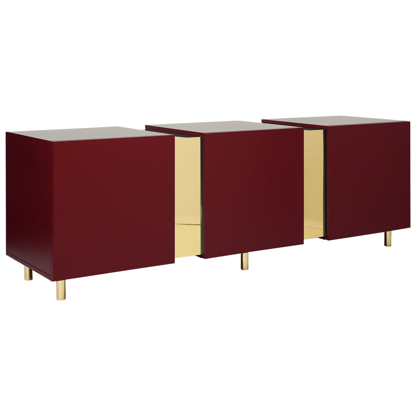 Ruby Red Sideboard in Brass and Colorful Lacquered Wood, Geometric-Shaped For Sale