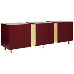 Ruby Red Sideboard in Brass and Colorful Lacquered Wood, Geometric-Shaped