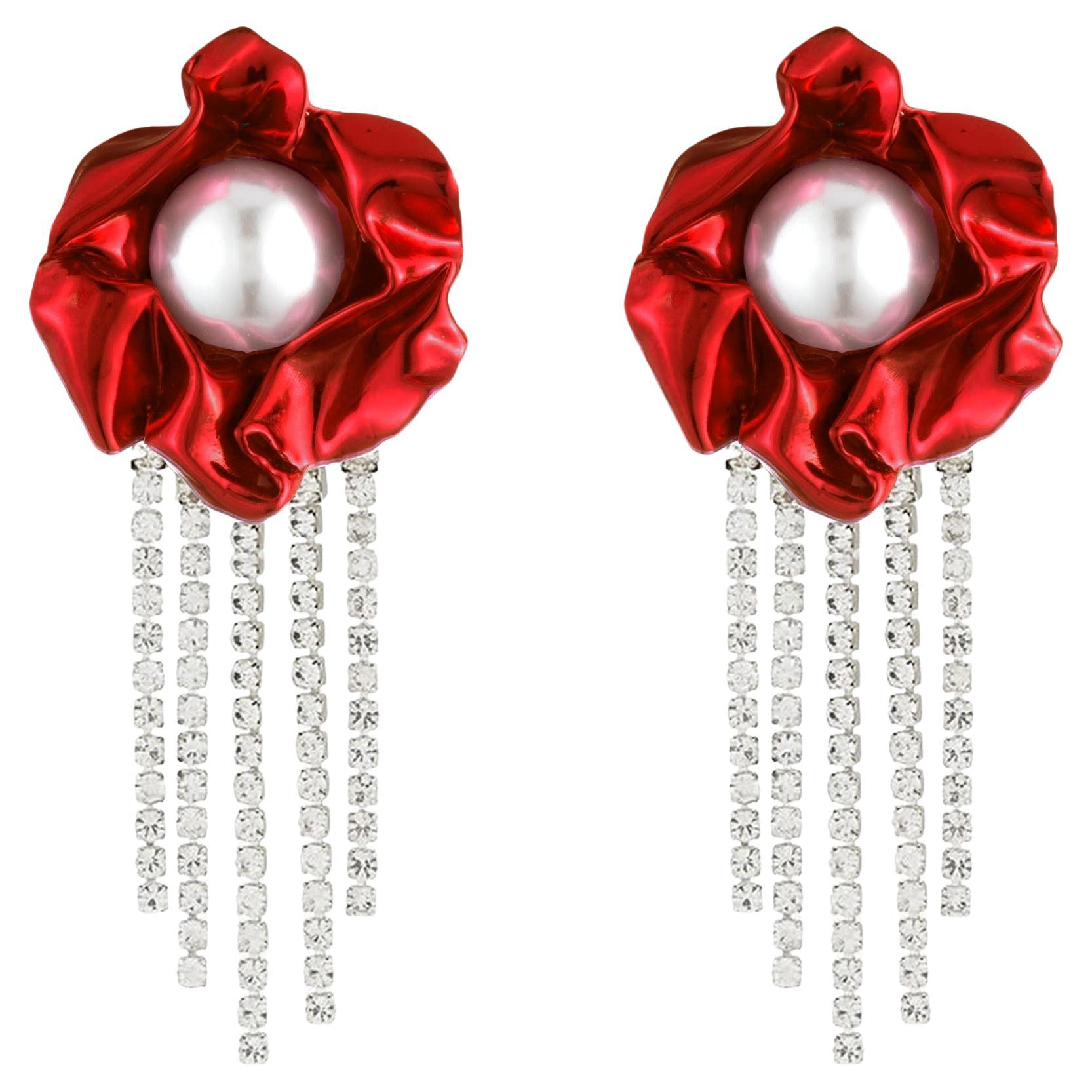 Ruby Red Titania White Pearl Crystal Fringe Earrings By Sterling King For Sale