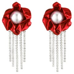 Ruby Red Titania White Pearl Crystal Fringe Earrings By Sterling King