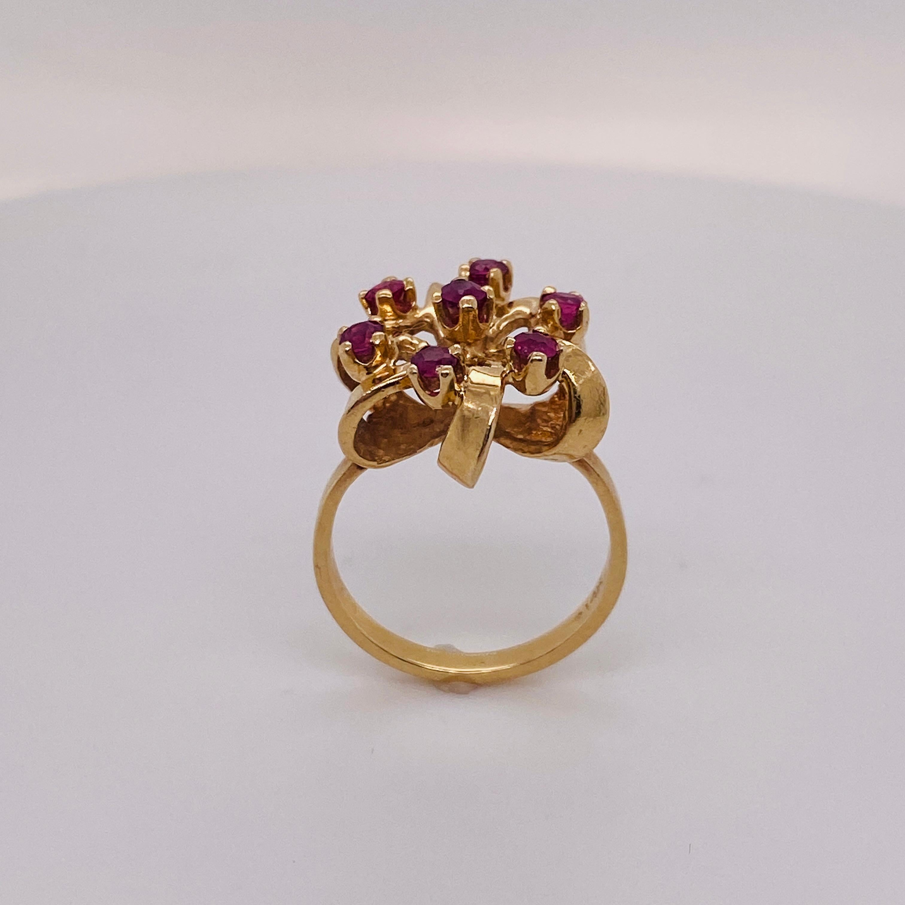 Round Cut Ruby Ribbon Star Bow Ring 14k Yellow Gold, Bejeweled Crown, 0.41 Cts Rubies (LV) For Sale