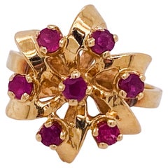 Retro Ruby Ribbon Star Bow Ring 14k Yellow Gold, Bejeweled Crown, 0.41 Cts Rubies (LV)