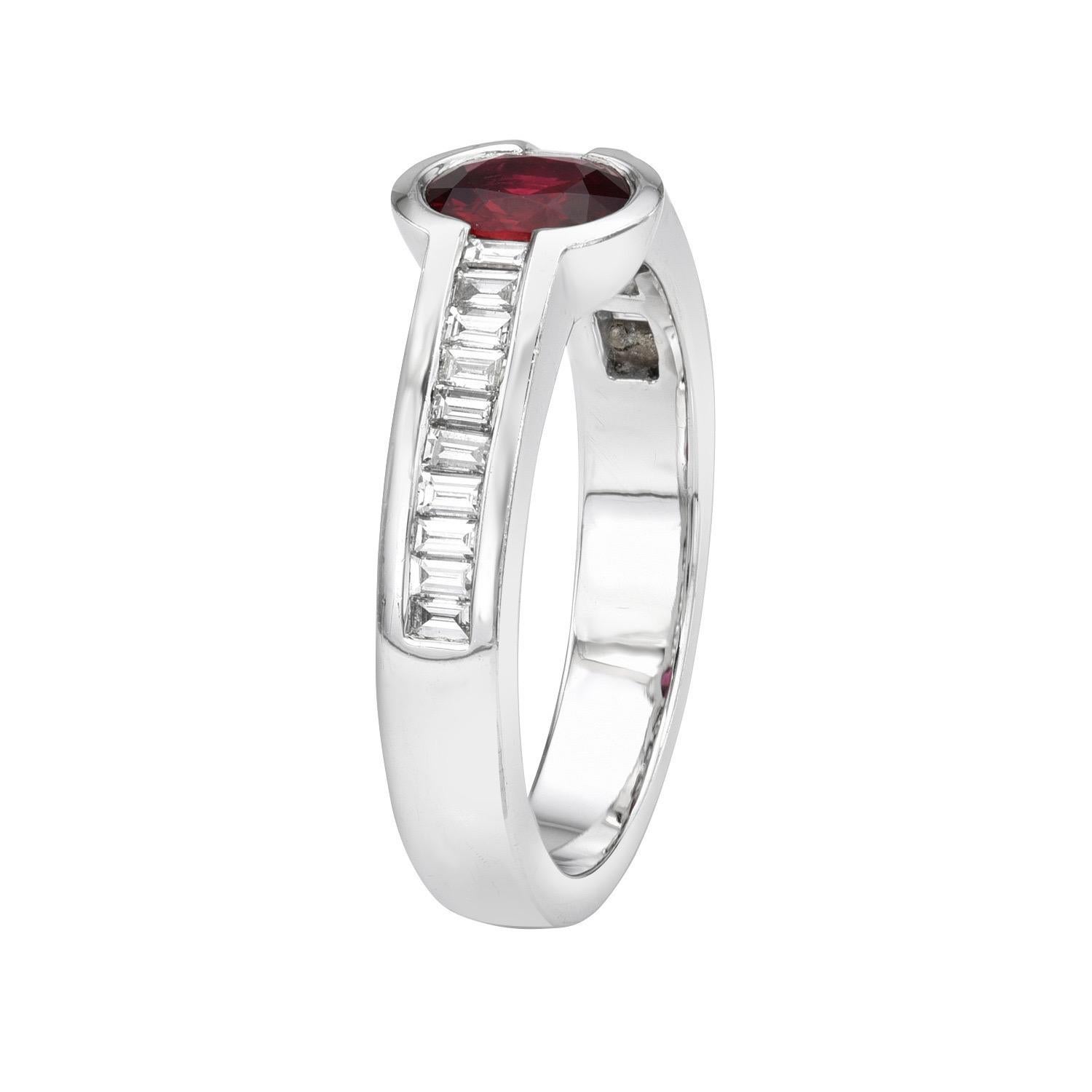 0.67 carat Ruby oval 18K white gold ring, decorated with baguette diamonds totaling 0.34 carats.
Ring size 6.5. Resizing is complementary upon request.
Returns are accepted and paid by us within 7 days of delivery.