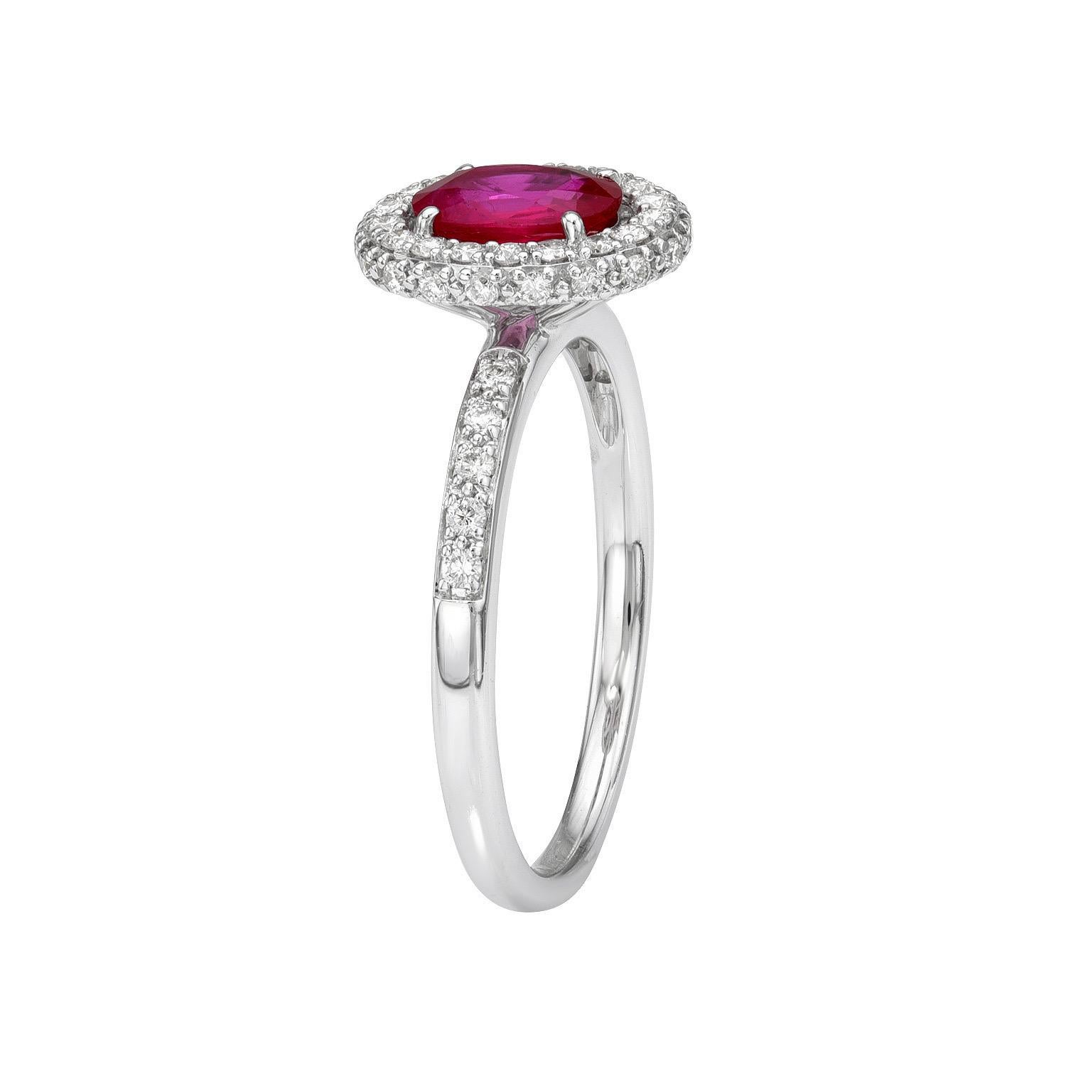 Bright 0.80 carat Ruby oval 18K white gold engagement ring, decorated with round brilliant diamonds totaling 0.35 carats.
Ring size 6.5. Resizing is complementary upon request.
Returns are accepted and paid by us within 7 days of delivery.