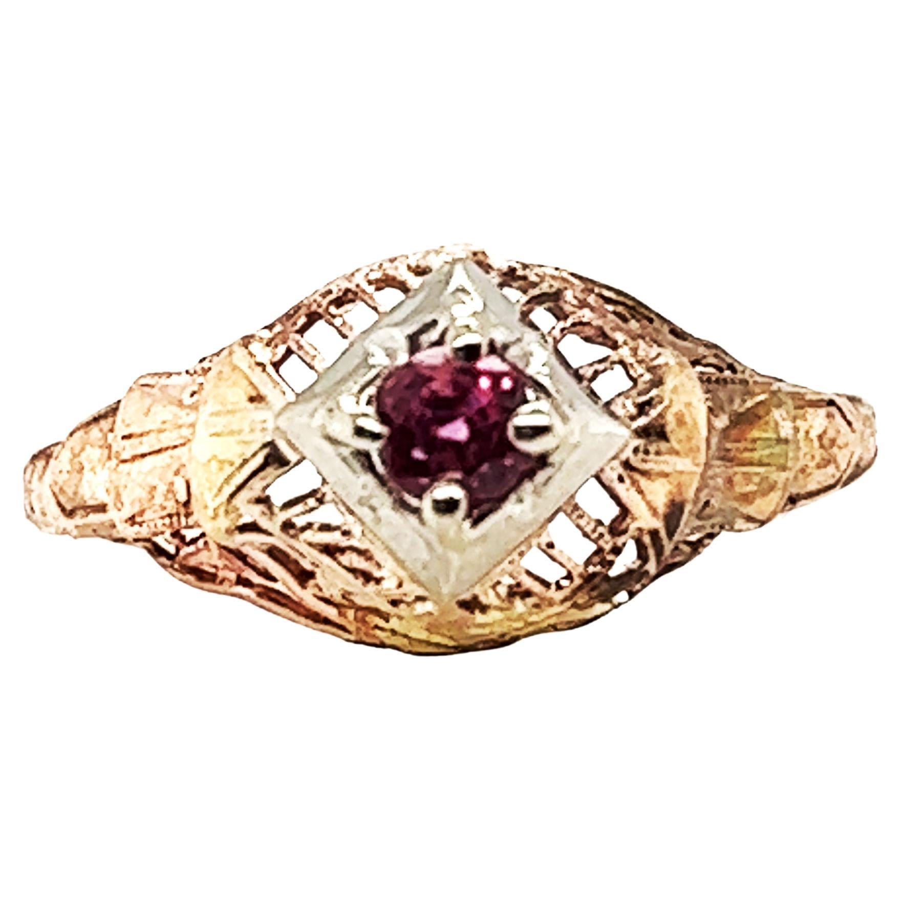 Ruby Ring 1/4ct Vintage Antique Art Deco 10K Yellow & White Gold