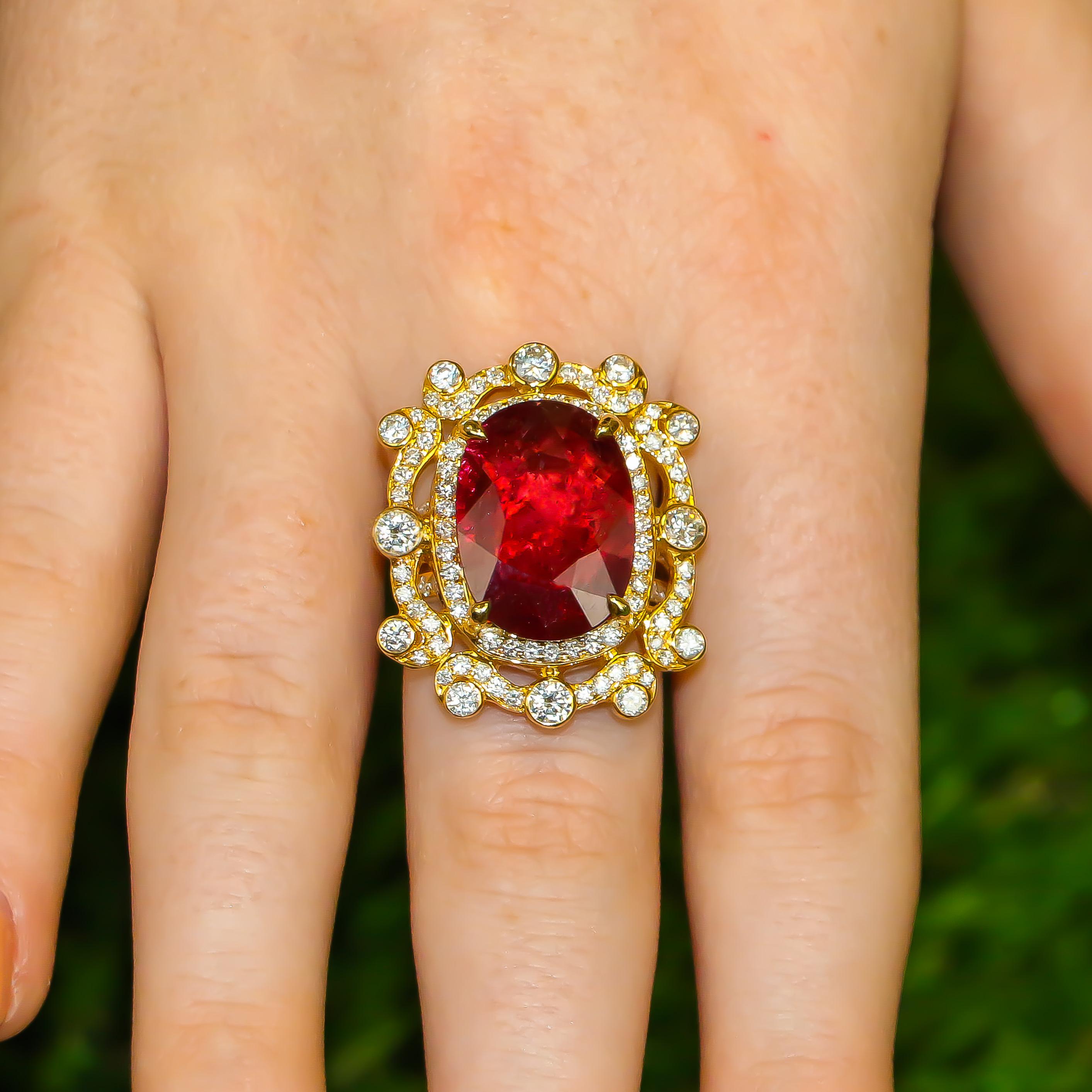 Ruby = 12.28 Carat

Diamonds = 2.45 Carats
( Color: F, Clarity: VS )

Metal: 18K Yellow Gold

Complimentary Resizing Available

Jewelry Gift Box Included