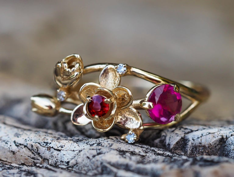 Ruby Ring, 14k Gold Ring with Ruby, Garnet and Diamonds, Orchid Flower Ring For Sale 4