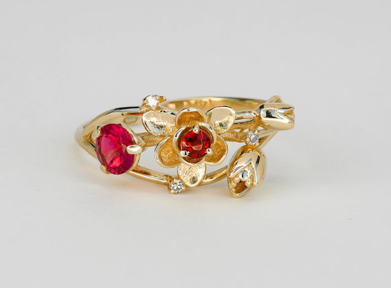 Modern Ruby Ring, 14k Gold Ring with Ruby, Garnet and Diamonds, Orchid Flower Ring For Sale