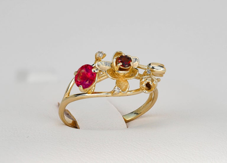 Ruby Ring, 14k Gold Ring with Ruby, Garnet and Diamonds, Orchid Flower Ring In New Condition For Sale In Istanbul, TR