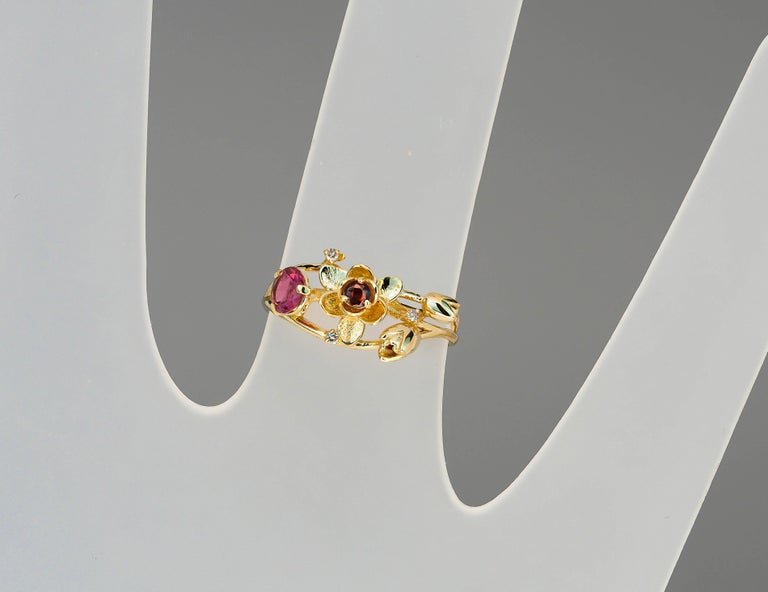 Ruby Ring, 14k Gold Ring with Ruby, Garnet and Diamonds, Orchid Flower Ring For Sale 2