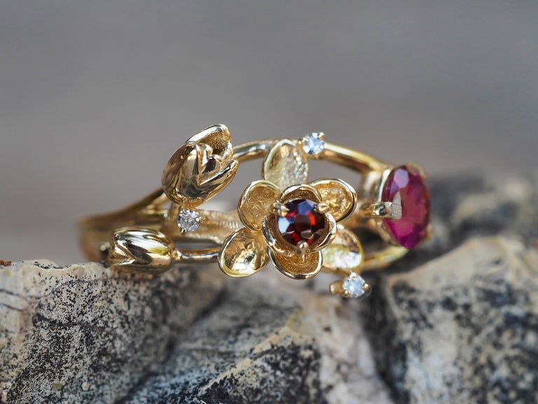 Ruby Ring, 14k Gold Ring with Ruby, Garnet and Diamonds, Orchid Flower Ring For Sale 3