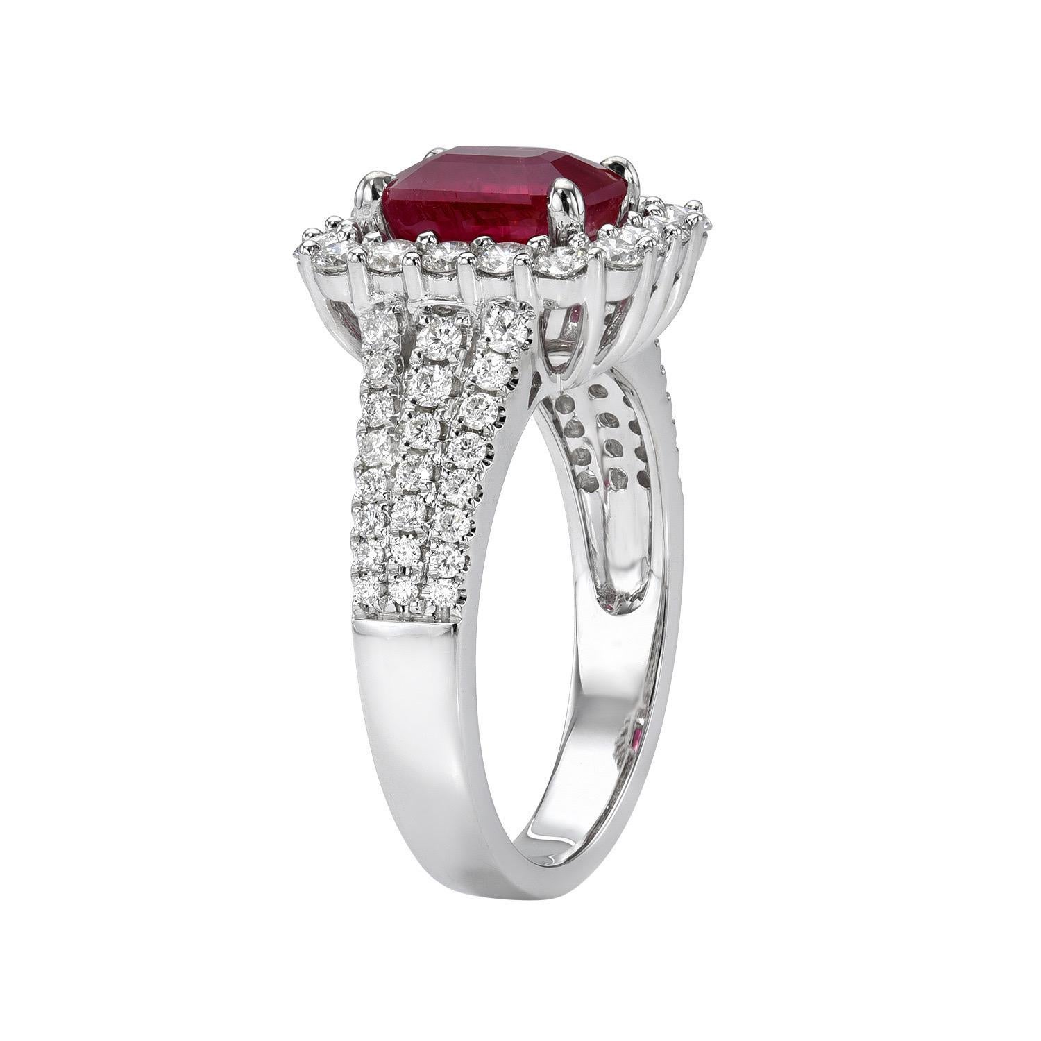Gorgeous 2.05 carat Ruby emerald-cut 18K white gold ring, decorated with round brilliant diamonds totaling 0.88 carats.
Ring size 6.5. Resizing is complementary upon request.
Returns are accepted and paid by us within 7 days of delivery.