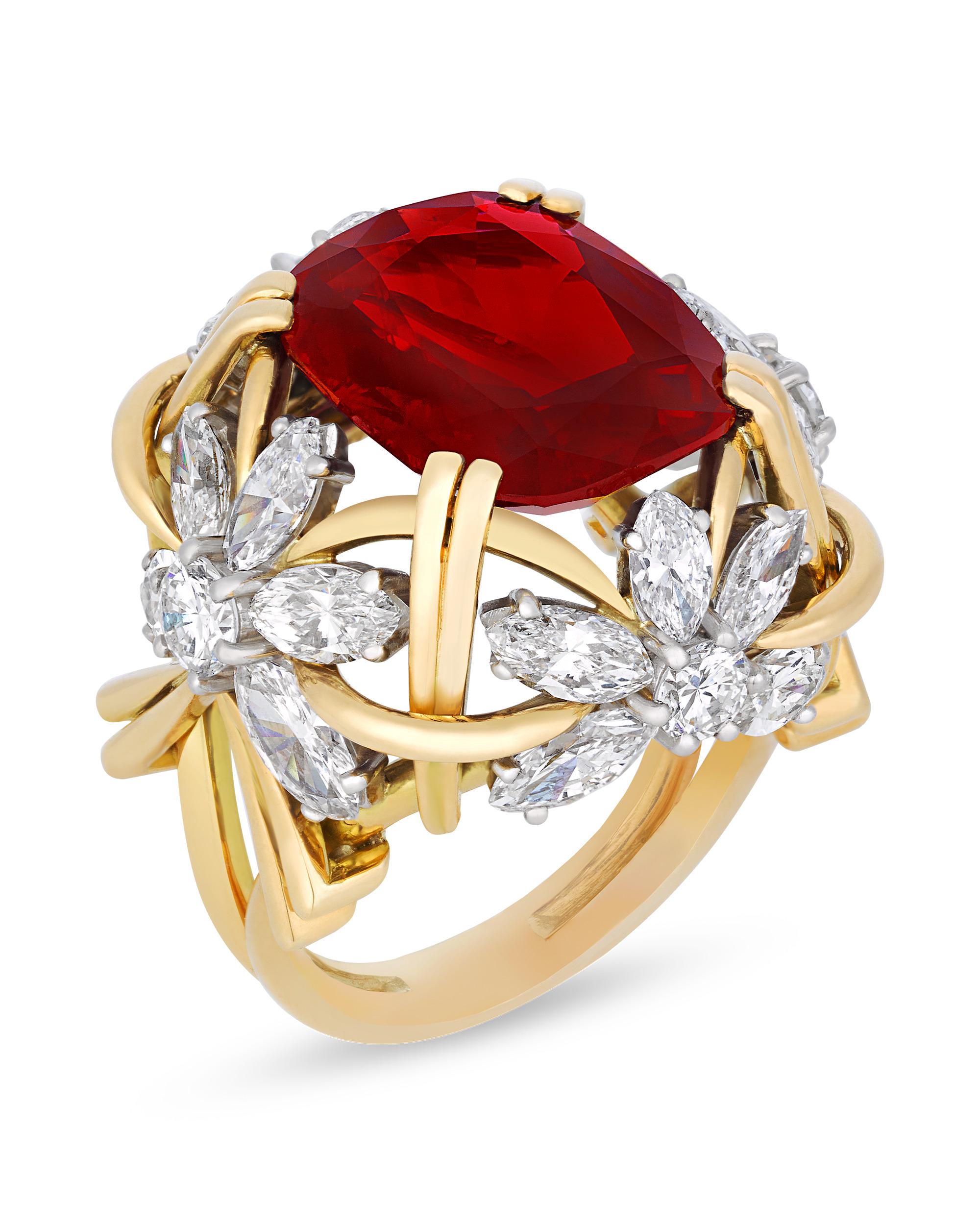 A magnificent, vibrantly-colored Thai ruby weighing 11.71 carats stars in this ring by the legendary jewelry designer Jean Schlumberger. This ruby is certified by the American Gemological Laboratories (AGL) to be of Thai origin. Though Thailand's
