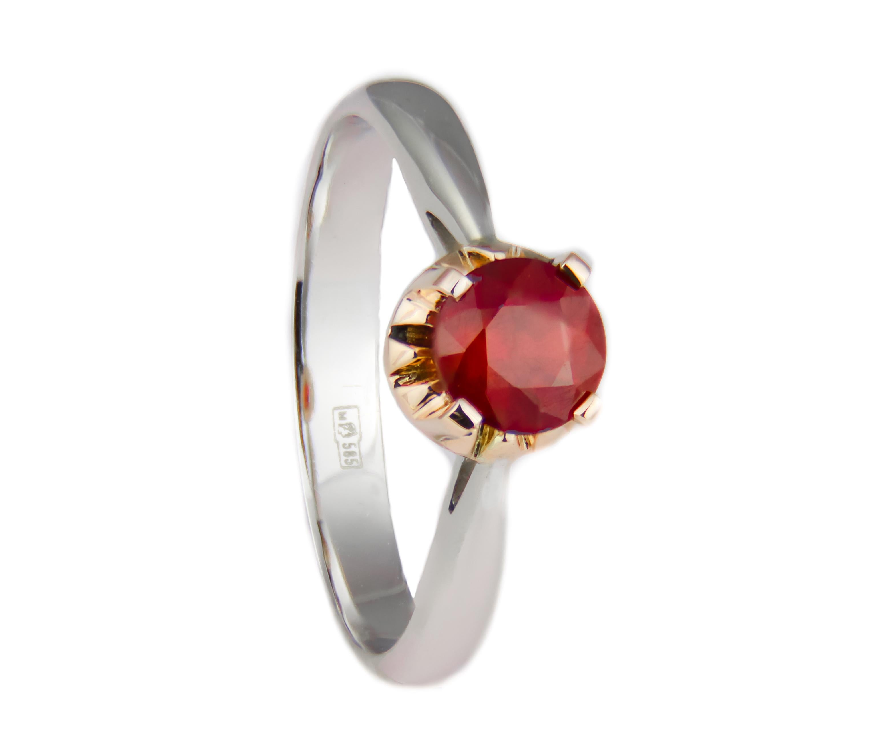 Ruby ring in 14k gold. 
Solitair ruby ring. Round ruby ring. Ruby gold ring. Ruby engagement ring. July birthstone ring. Genuine ruby ring.

Metal: 14k solid gold. 2 color tone gold: white and yellow.
Weight approx. 2.1 g. - depends of choosen