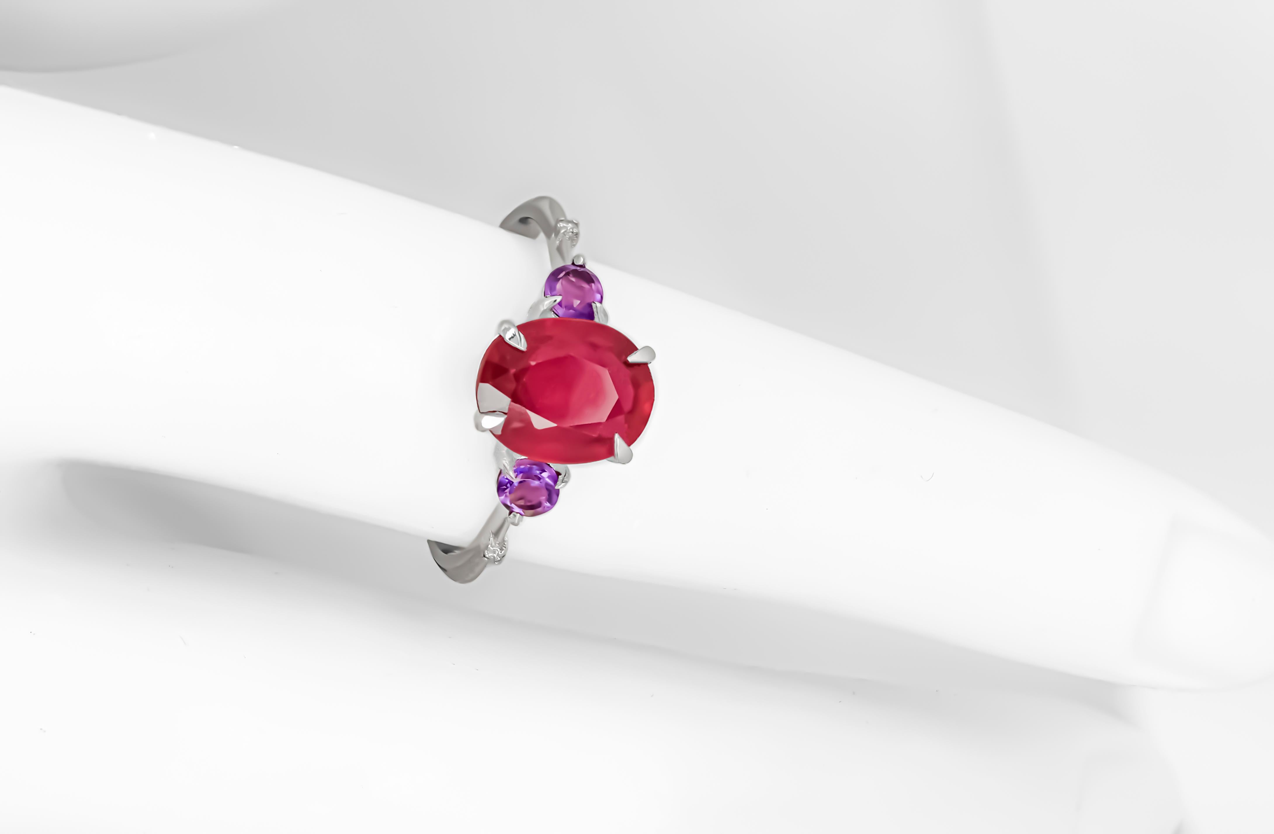 For Sale:  Ruby ring in 14k gold. Oval ruby ring. Solitaire ring with ruby.  13