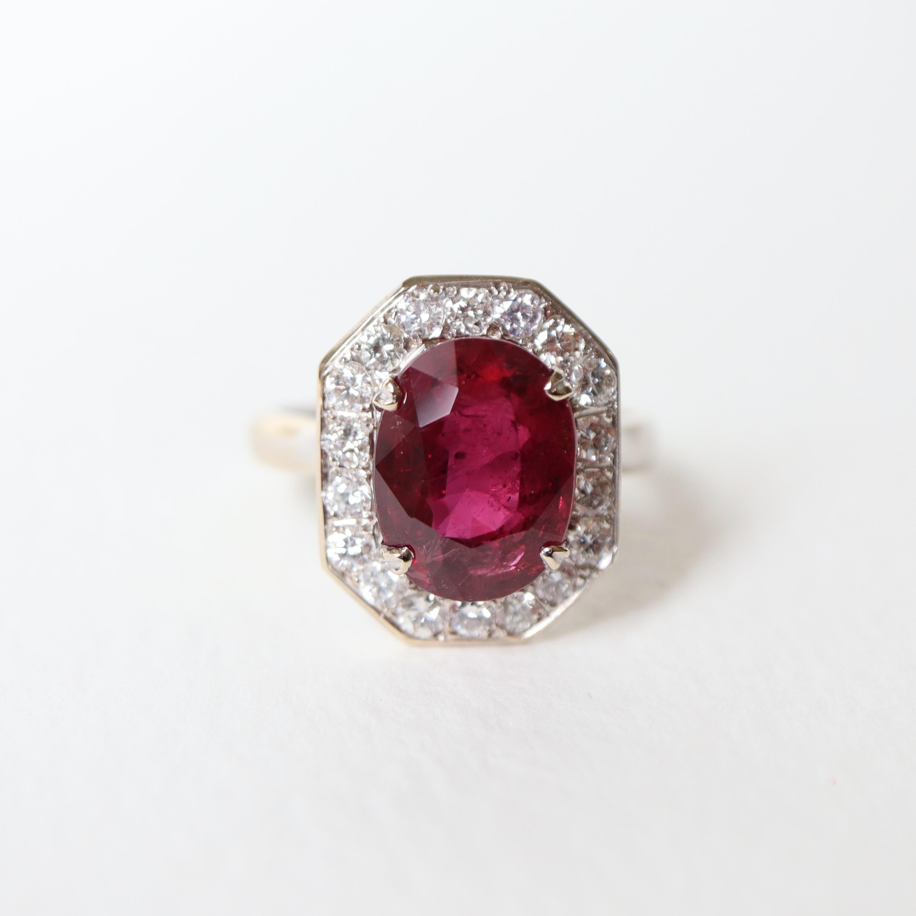 Oval Cut Ruby Ring in 18K White Gold, Diamonds and 5.02KT Ruby For Sale