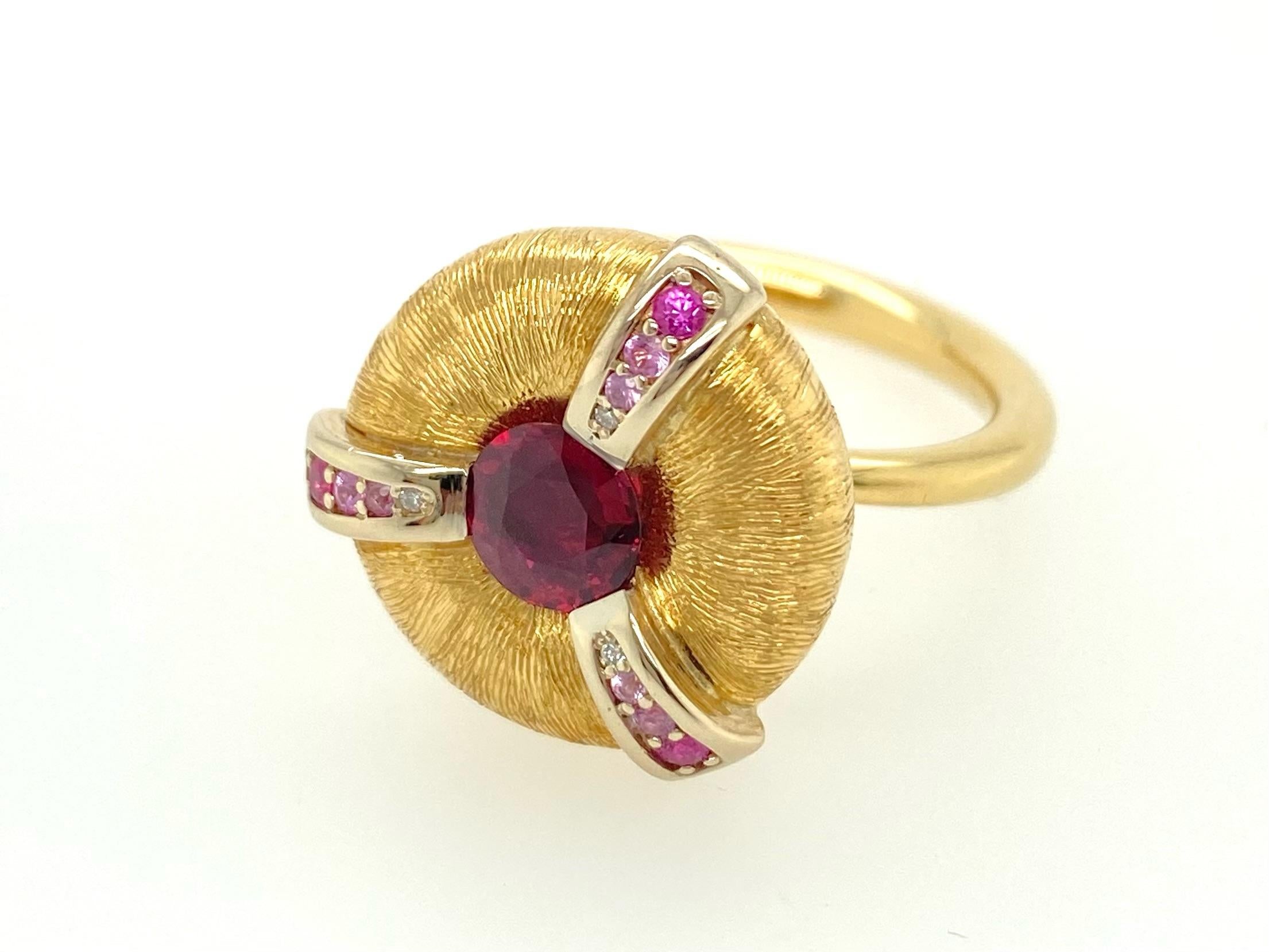 Contemporary Ruby and Sapphire Ring in 18K Yellow and White Gold by Serafino For Sale