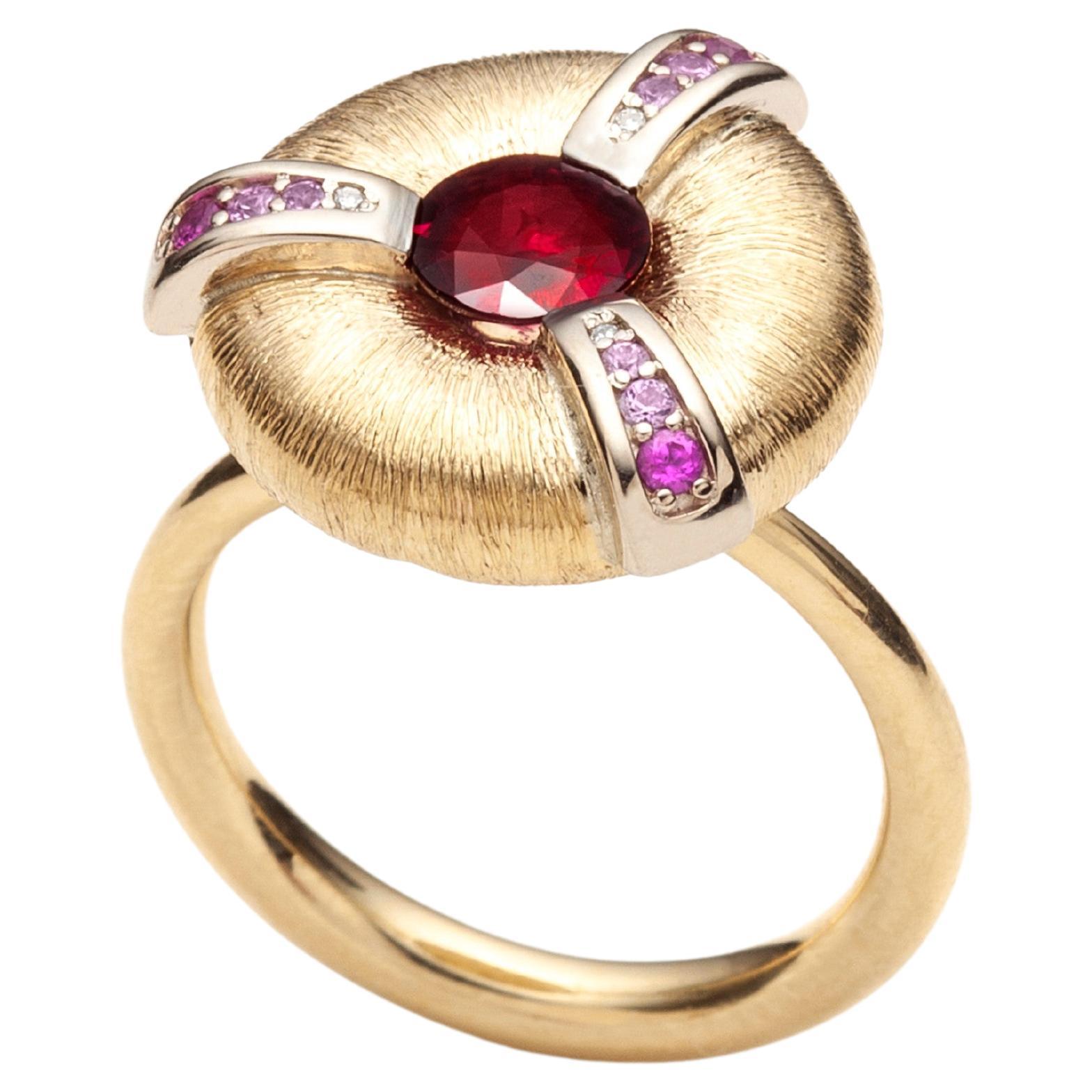 Ruby and Sapphire Ring in 18K Yellow and White Gold by Serafino For Sale