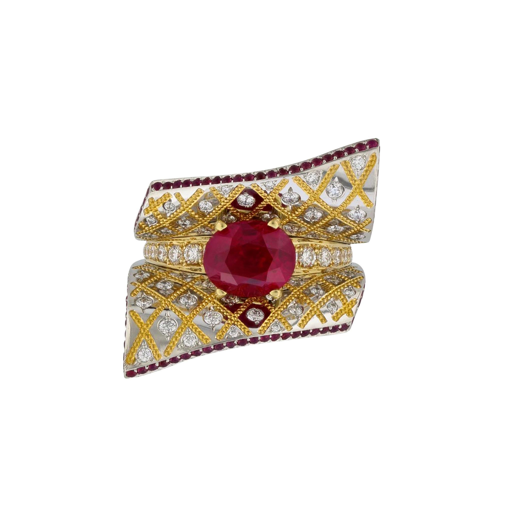 Contemporary Ruby Ring in Platinum and Gold by Zoltan David For Sale