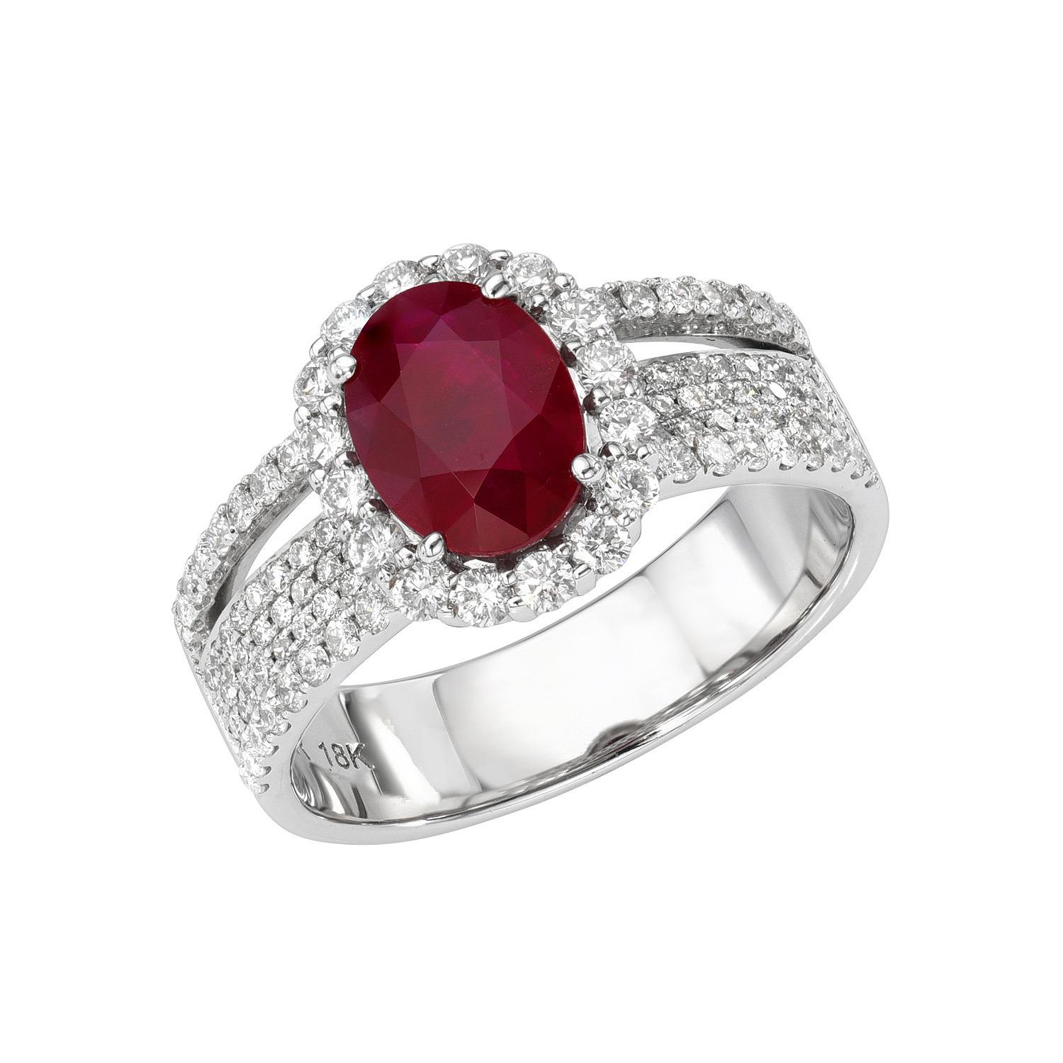 Contemporary Ruby Ring Oval 1.70 Carats 18K White Gold For Sale