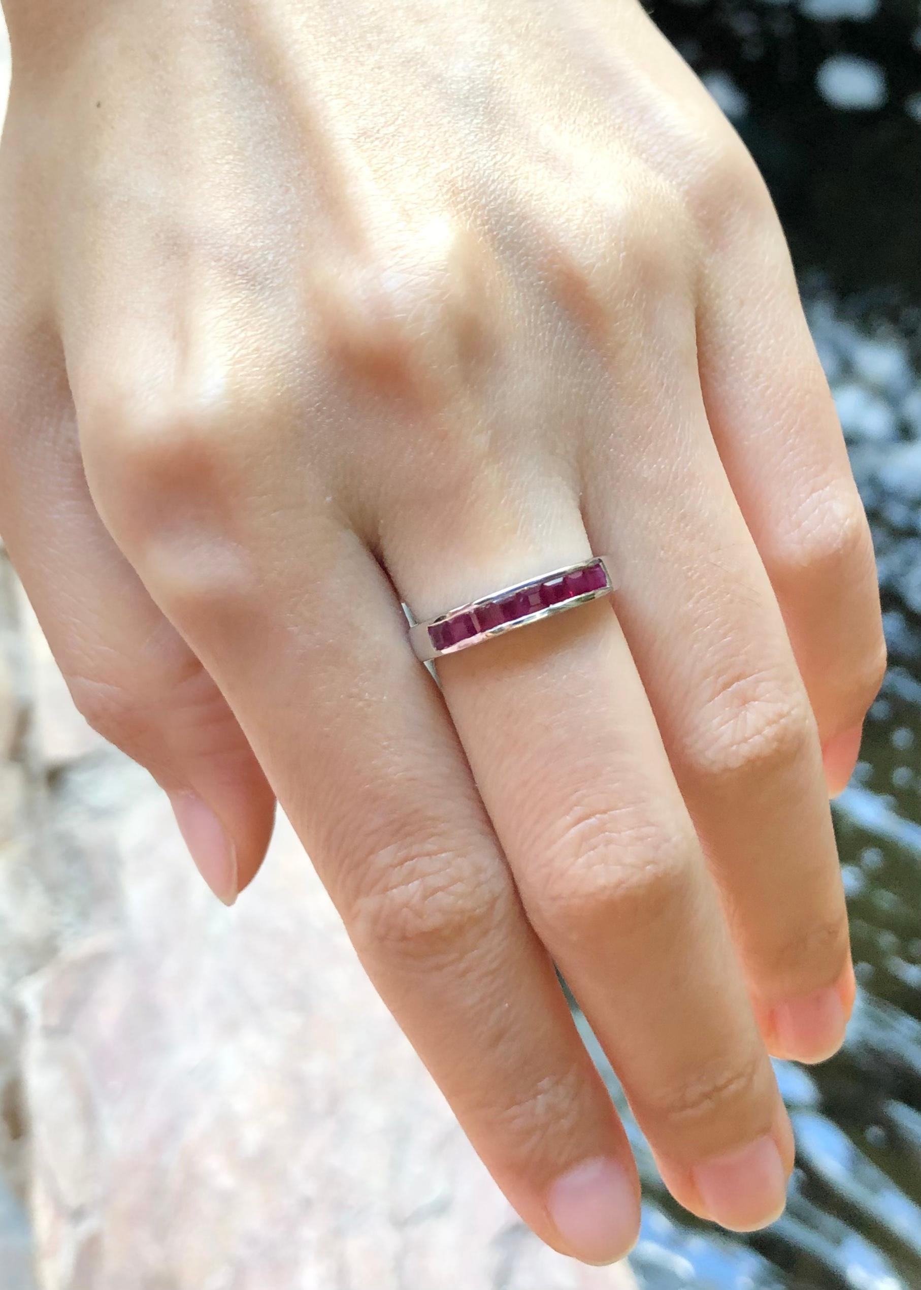 Square Cut Ruby Ring set in Silver Settings For Sale
