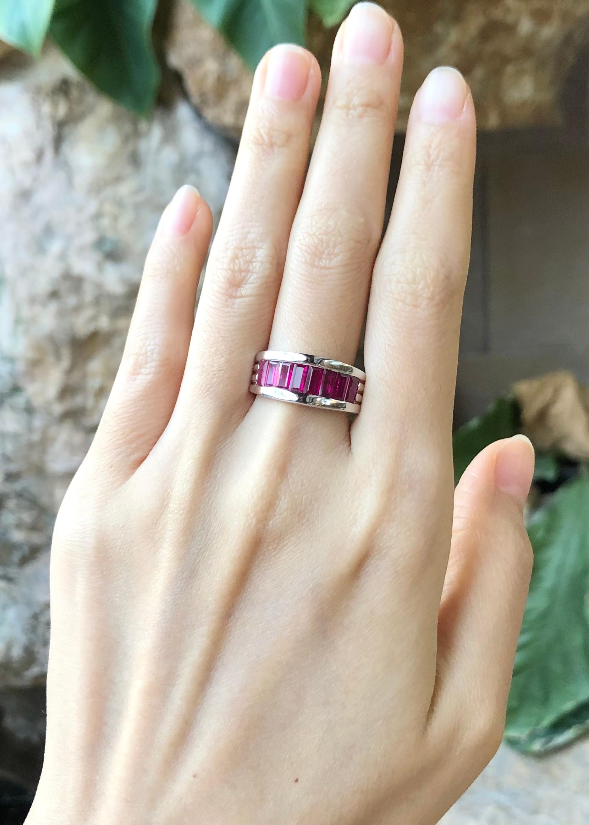 Baguette Cut Ruby Ring set in Silver Settings For Sale